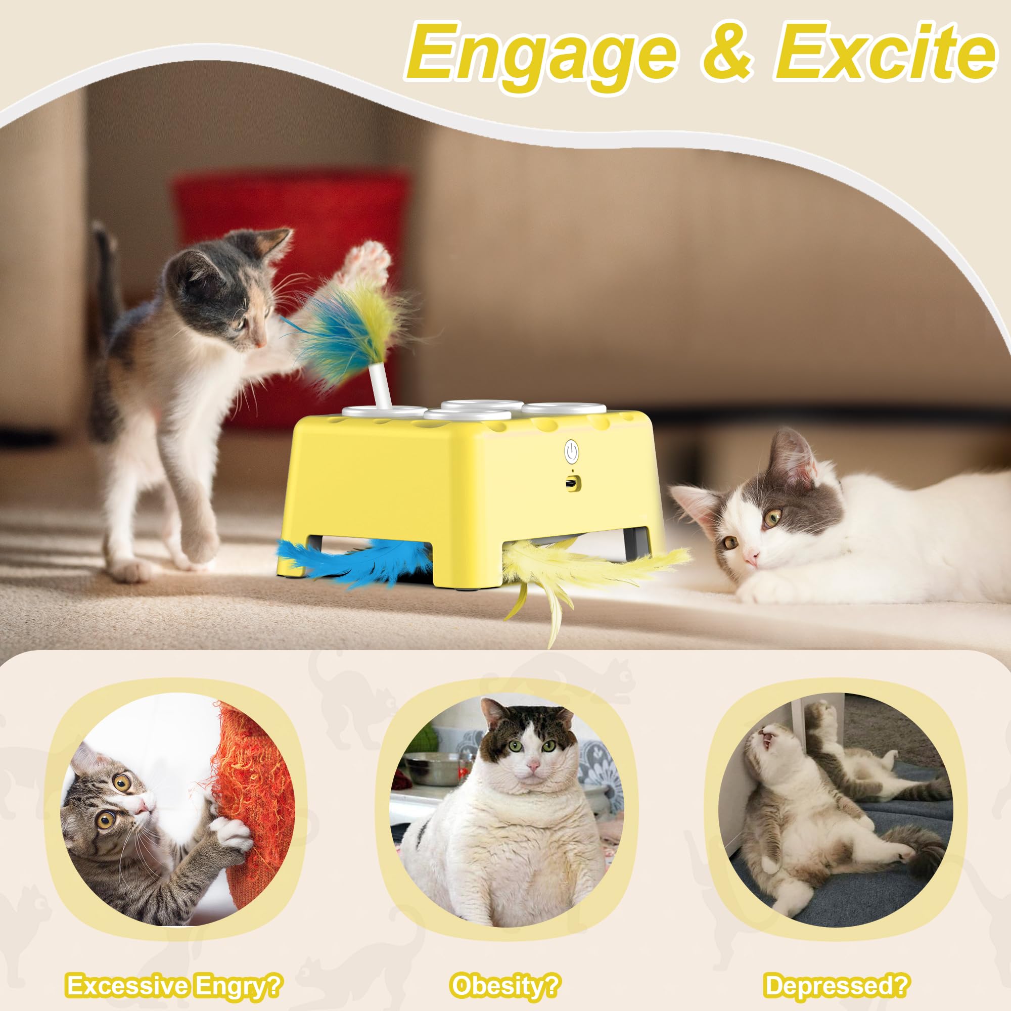 Interactive Cat Toys - 2-in-1 Automatic Cat Toy with Moving Feather & 4 Holes Mice Whack A Mole Game | USB Rechargeable Electronic Kitten Toys for Indoor Play & Exercise | Fun Yellow Cat Toy for Kittens & Adult Cats