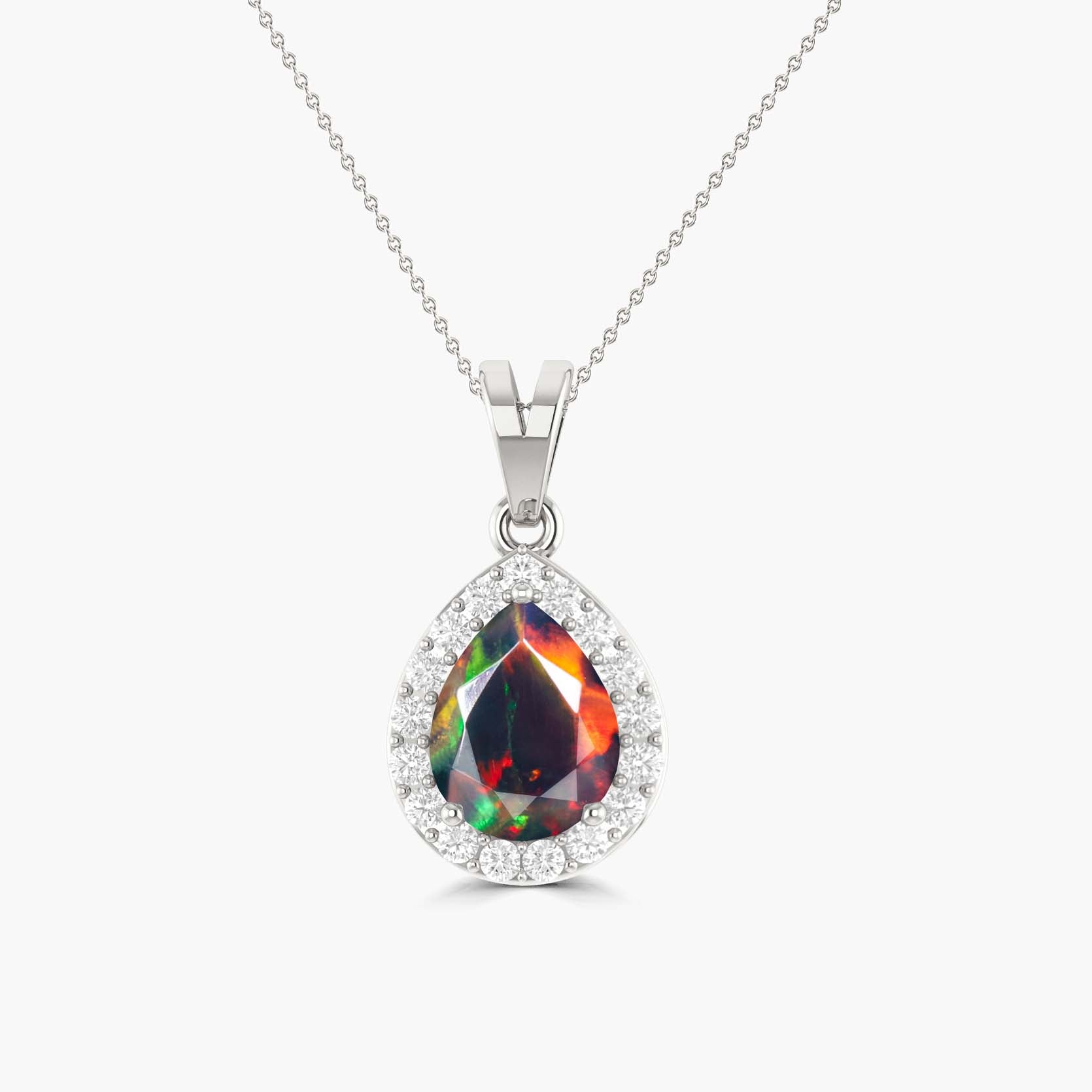 Natural Black Opal & White Zircon Halo Pendant Chain Necklace for Women - Elegant Jewelry Gift for Birthday, Anniversary & Special Occasions