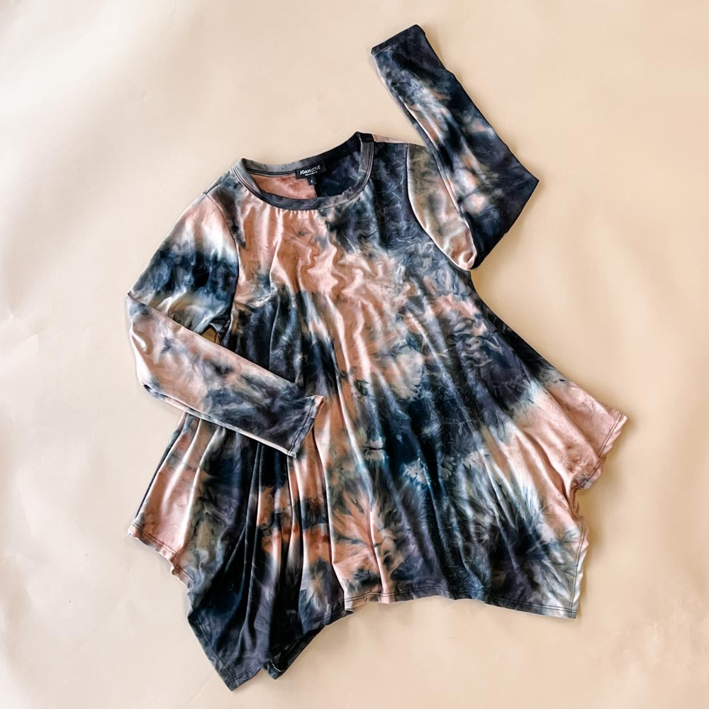 Women's Mauve Tie Dye Tunic Top - Flowy Long Sleeve Blouse for Casual Wear, Work Office & Boho Style Outfits