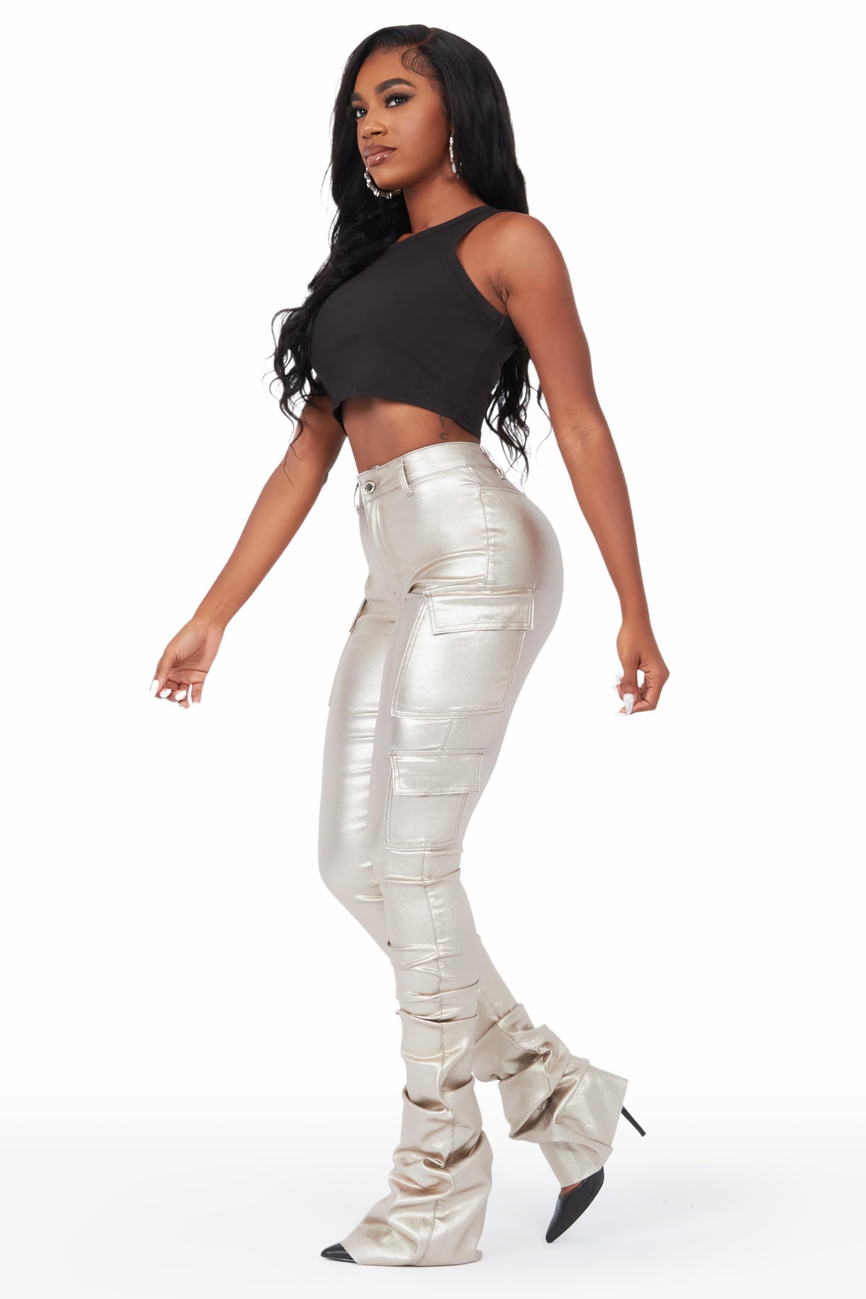 Women's Vixen Cargo Super Stacked Jeans - High Waisted Distressed Denim Pants for Casual Streetwear & Outdoor Adventures