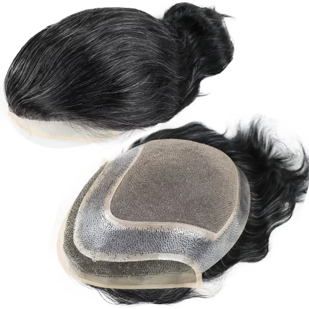 Premium Human Hair Toupee for Men - Mono Lace & Thin Skin Hair System - 80% 1B Black with 20% Gray - Natural Looking Hair Replacement for Thinning Hair - Perfect for Daily Wear, Work, and Special Occasions