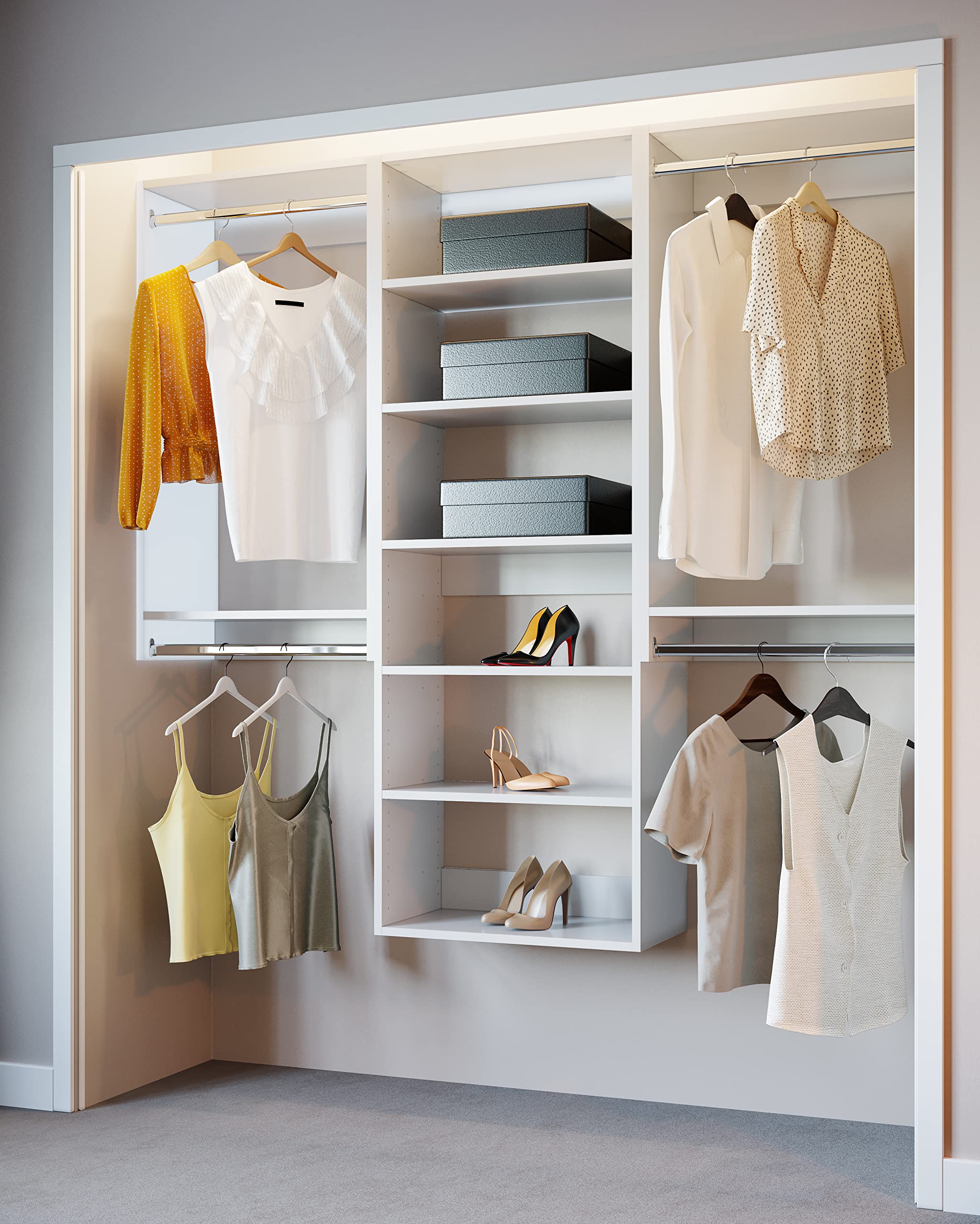 White 66-Inch Wide Closet Kit with Hanging Rods & Shelves - Space-Saving Corner Closet Organizer System - Perfect for Bedroom, Walk-In Closet & Home Storage Organization