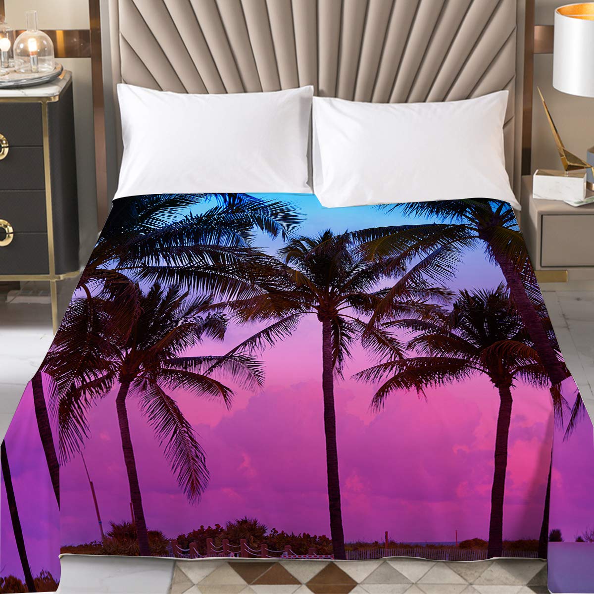 BlessLiving Tropical Sunset Twin Flat Sheet - Palm Tree Silhouette Beach Design - Wrinkle & Fade Resistant Bedding - Perfect for Coastal, Vacation Home & Boho Bedroom Decor
