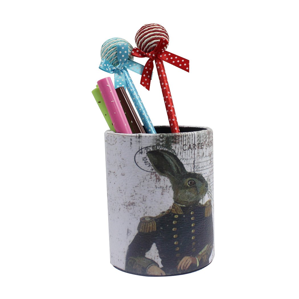 Premium PU Leather Pen Holder & Desk Organizer with Rabbit Design - Stylish Round Pencil Container for Office, School, and Home Workspace Organization
