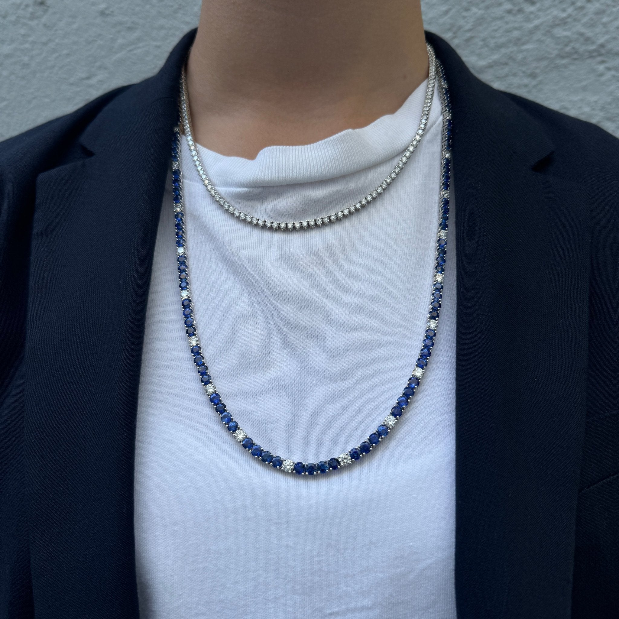 42.51ct Natural Blue Sapphire & 7.62ct Diamond Tennis Necklace in 18K White Gold | Elegant Jewelry for Weddings, Anniversaries & Special Occasions