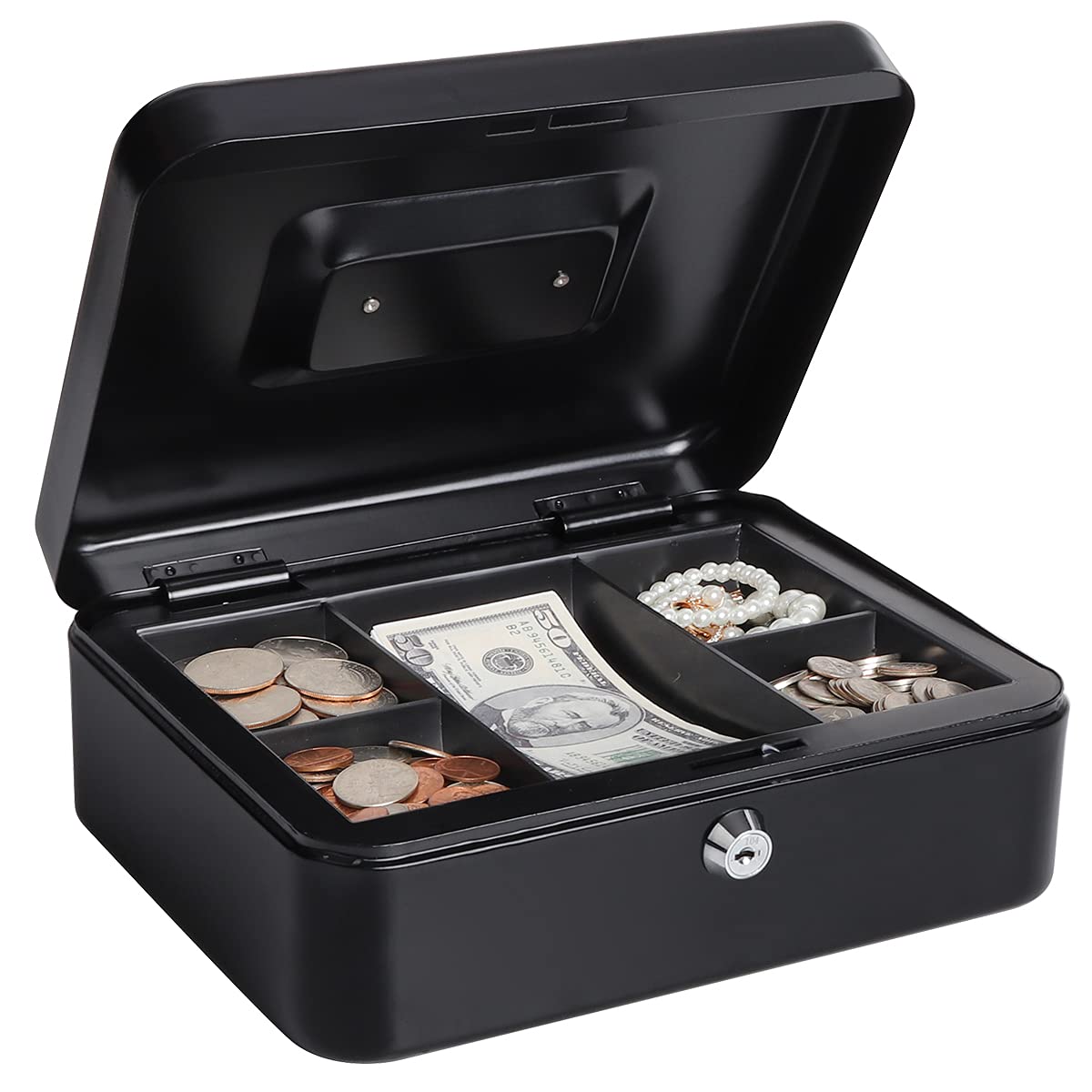 Lovndi Metal Cash Box with Money Tray & Lock - 9.84 x 7.87 x 3.54 Inches Black Lockbox for Business, Home, Office & Retail Use - Secure Money Storage Solution for Cash, Coins & Valuables