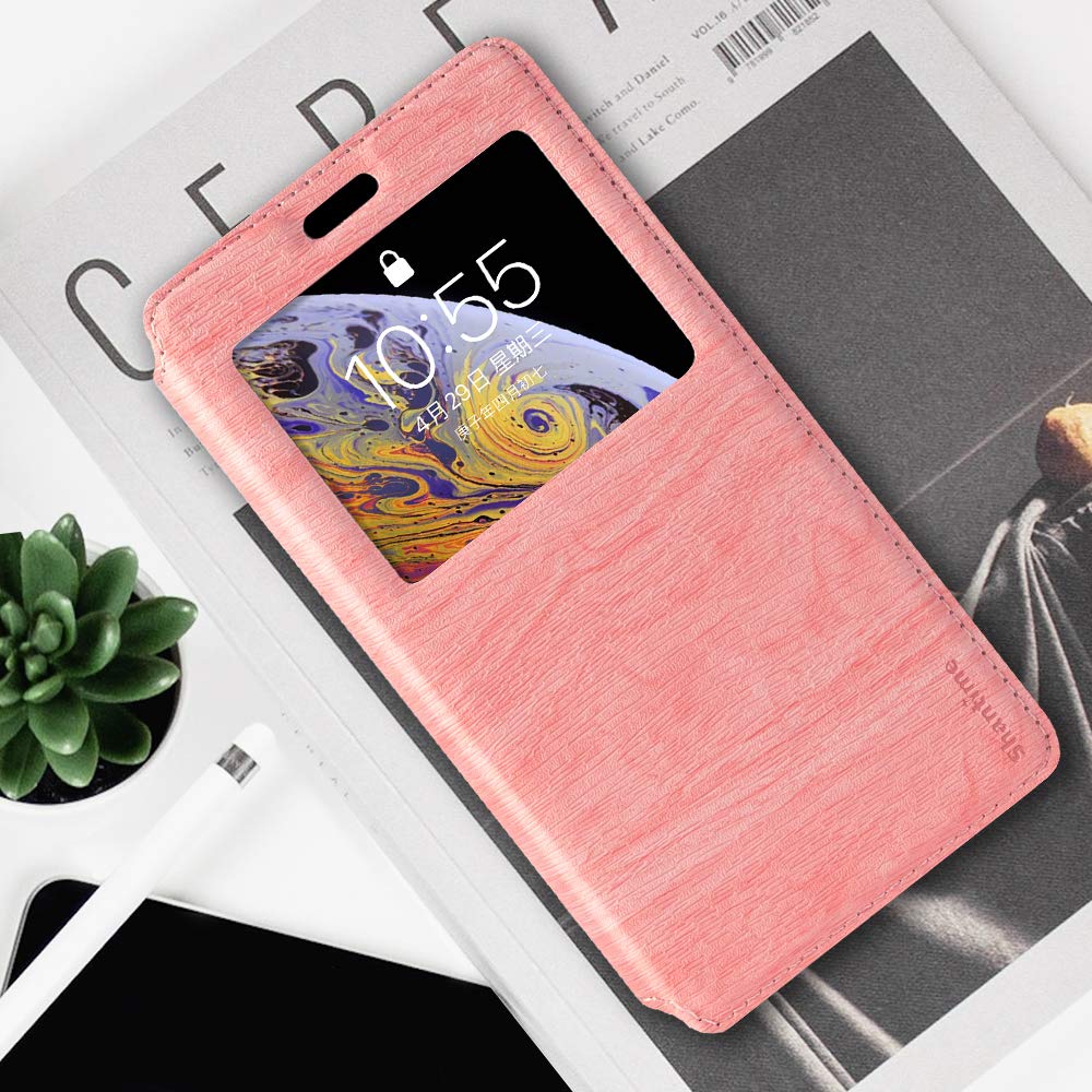 Premium Wood Grain Leather Magnetic Flip Cover Case for Essential Phone PH-1 - Card Holder & Window Slot - Stylish Protection for Everyday Use (Pink)