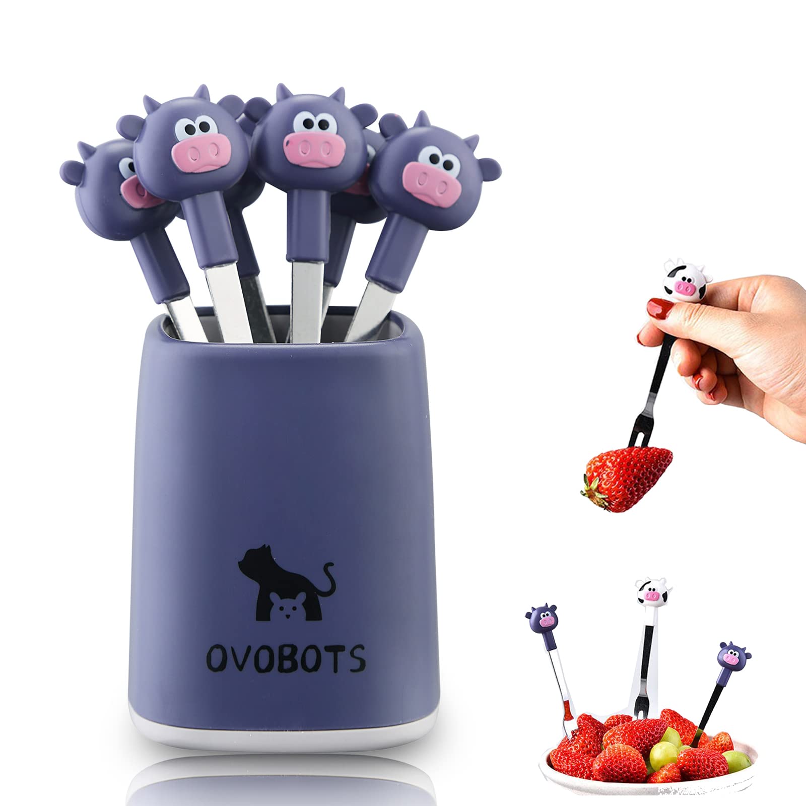 OVOBOTS 6-Piece Stainless Steel Dessert Forks Set with Holder - 4.7
