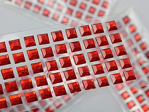6mm Red Square Self-Adhesive Acrylic Rhinestones - 250PCS (5 Sheets) - Plastic Face Gems, Body Jewels for DIY Crafts, Cards, Invitations - Perfect for Nail Art, Scrapbooking & Party Decorations