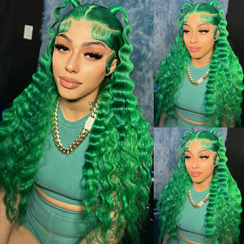 Eullair Green Deep Wave Lace Frontal Wig - Glueless Human Hair Wig for Black Women | Natural Look for Everyday Wear, Parties & Special Occasions