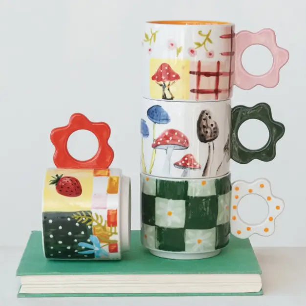 Hand Painted Whimsical Flower Mug Set - Ceramic Coffee Tea Cups with Unique Floral Designs - Perfect for Home Decor, Gift Giving & Cozy Morning Coffee Time