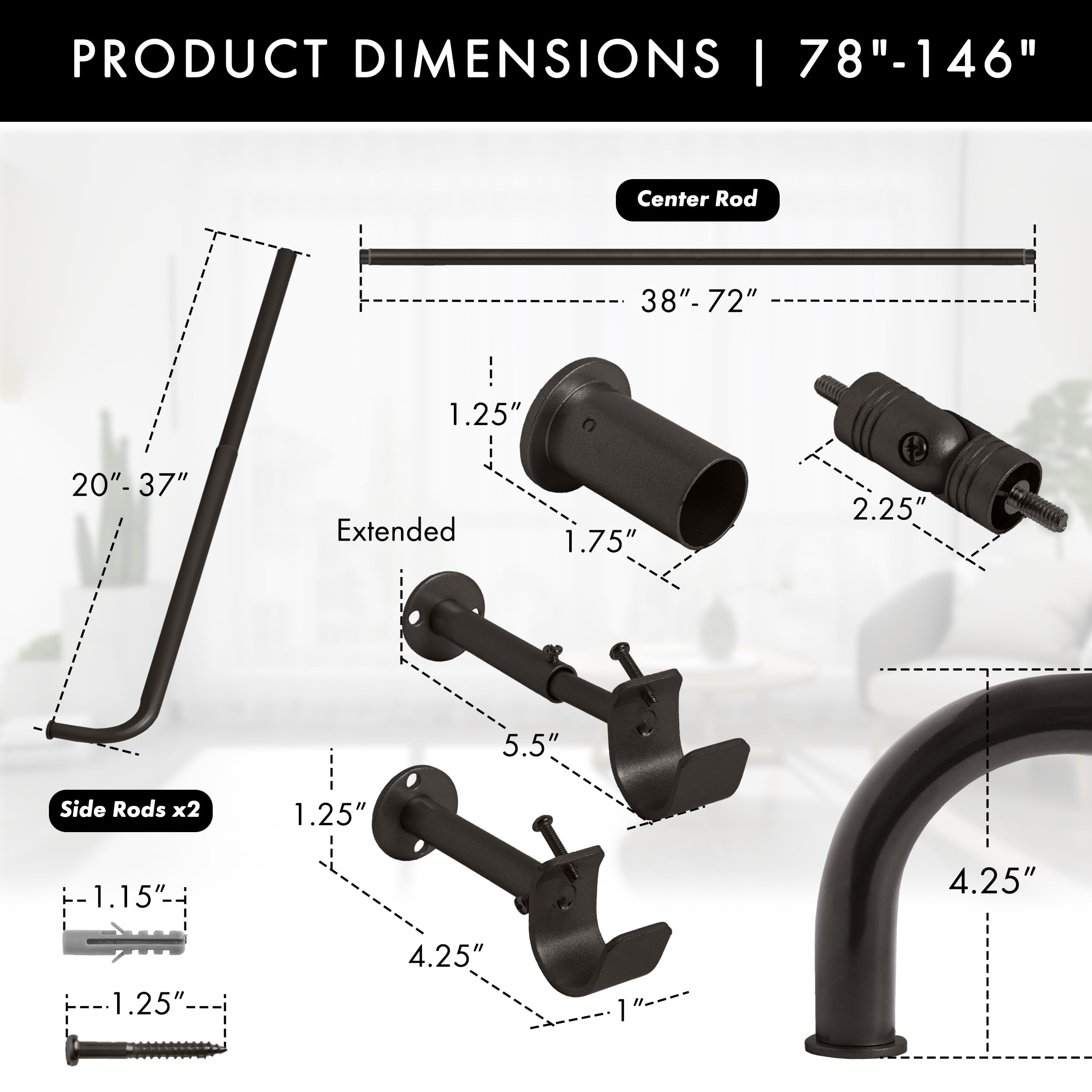 Meriville 1-Inch Diameter Bay Window Curtain Rod Set - Oil-Rubbed Bronze Finish for Bayview Windows, Perfect for Living Room, Bedroom, and Kitchen Decor