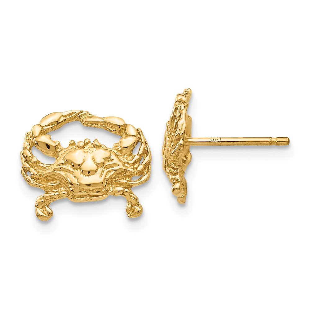 14K Solid Yellow Gold Crab Stud Earrings (10mm x 12mm) - Perfect for Beach Vacations, Summer Outfits & Seafood Lovers Jewelry Gift