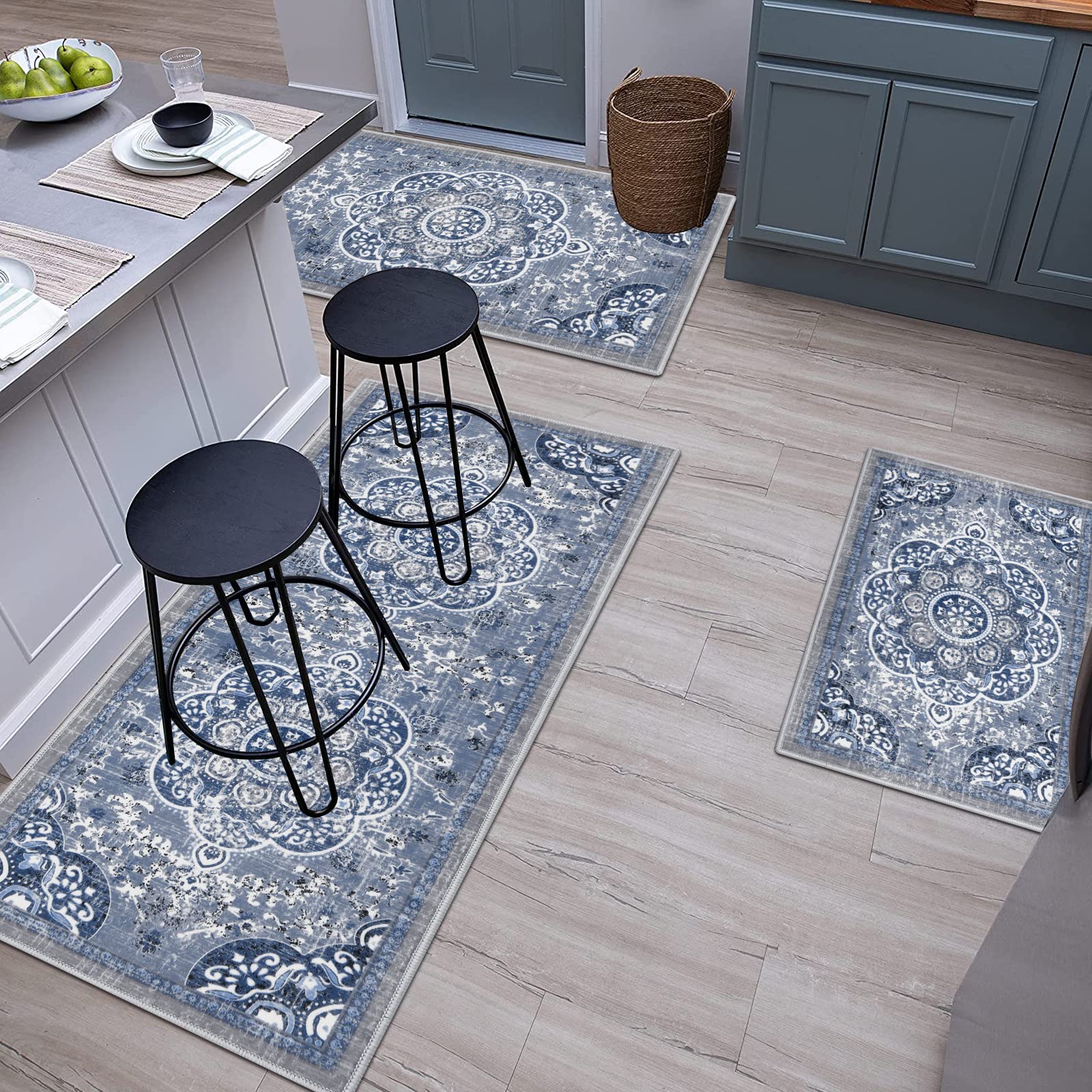 Boho Kitchen Rugs Set of 3 - Non-Slip Washable Floral Farmhouse Floor Mats with Runner for Kitchen, Office, Laundry & Sink Area - Blue | Perfect for Farmhouse Decor & High-Traffic Areas