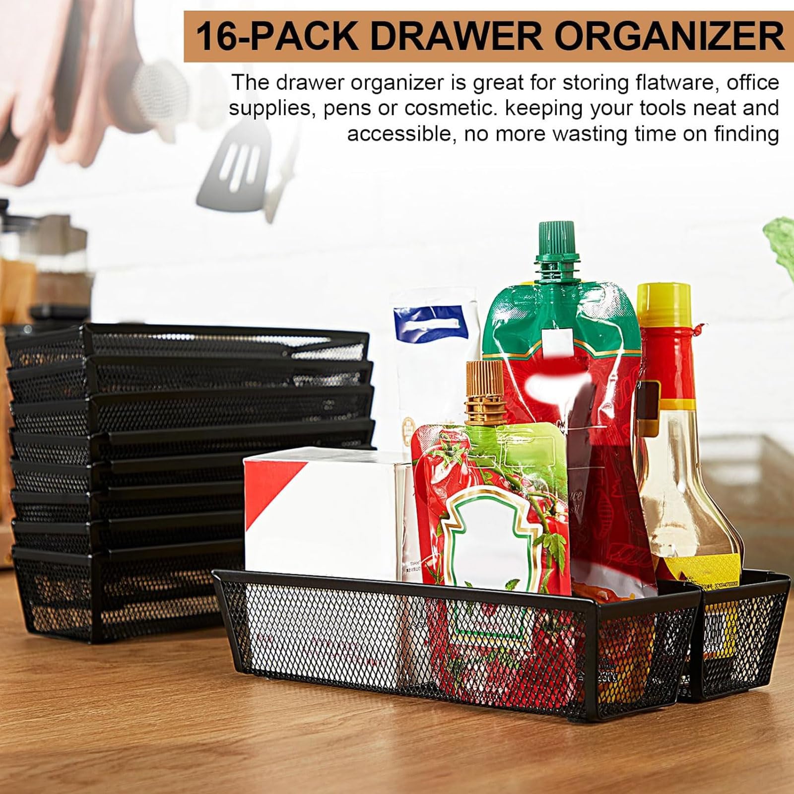 Chumia 10-Piece Silverware Drawer Organizer Set - Mesh Kitchen Utensil Tray with Interlocking Arms for Forks, Spoons, Knives & Makeup - 9 x 3 x 2 Inches - Perfect for Kitchen Drawer & Bathroom Storage Organization
