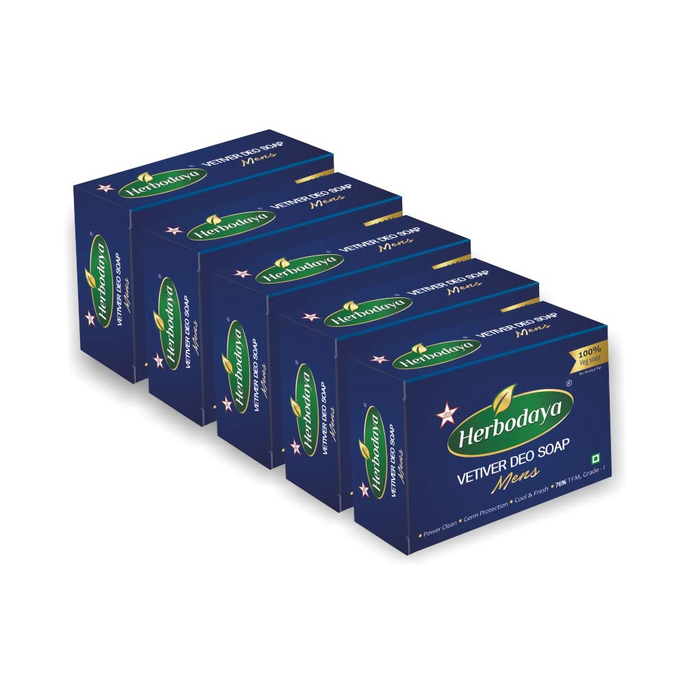 Herbodaya Vetiver Deodorant Soap for Men - 125g (Pack of 5) | Natural Body Odor Control & Freshness | Perfect for Gym, Travel & Daily Use