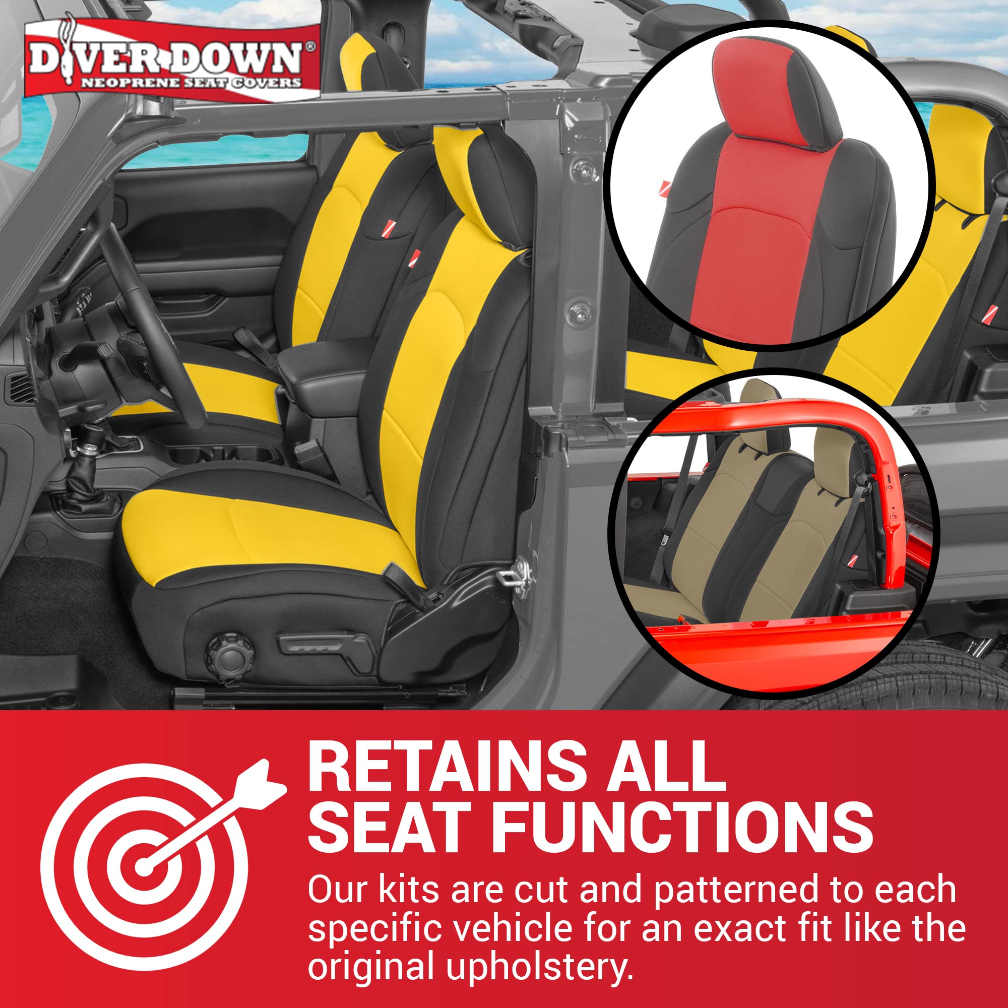 **Diver Down Neoprene Seat Cover Set for Jeep JL 2-Door (2018-2022 Wrangler) - Waterproof, Custom Fit Front & Back Seat Covers - Soft Padded Cushion, Thermal Resistant - Black - Perfect for Off-Roading, Camping & Outdoor Adventures**