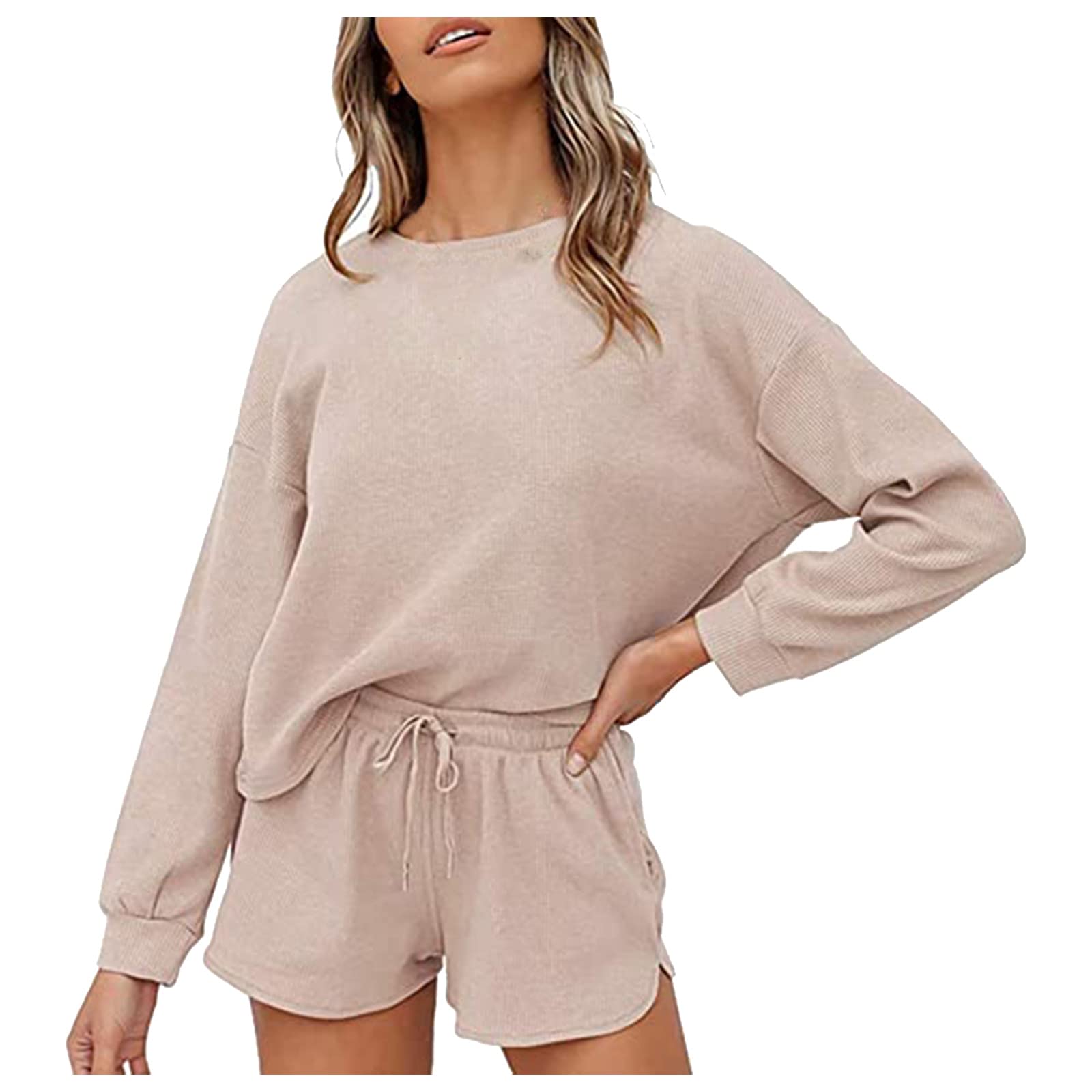 Women's Waffle Knit Long Sleeve Pajama Set with Shorts - Cozy Pullover Sleepwear & Loungewear with Pockets for Nightwear, Home Relaxation and Sleep