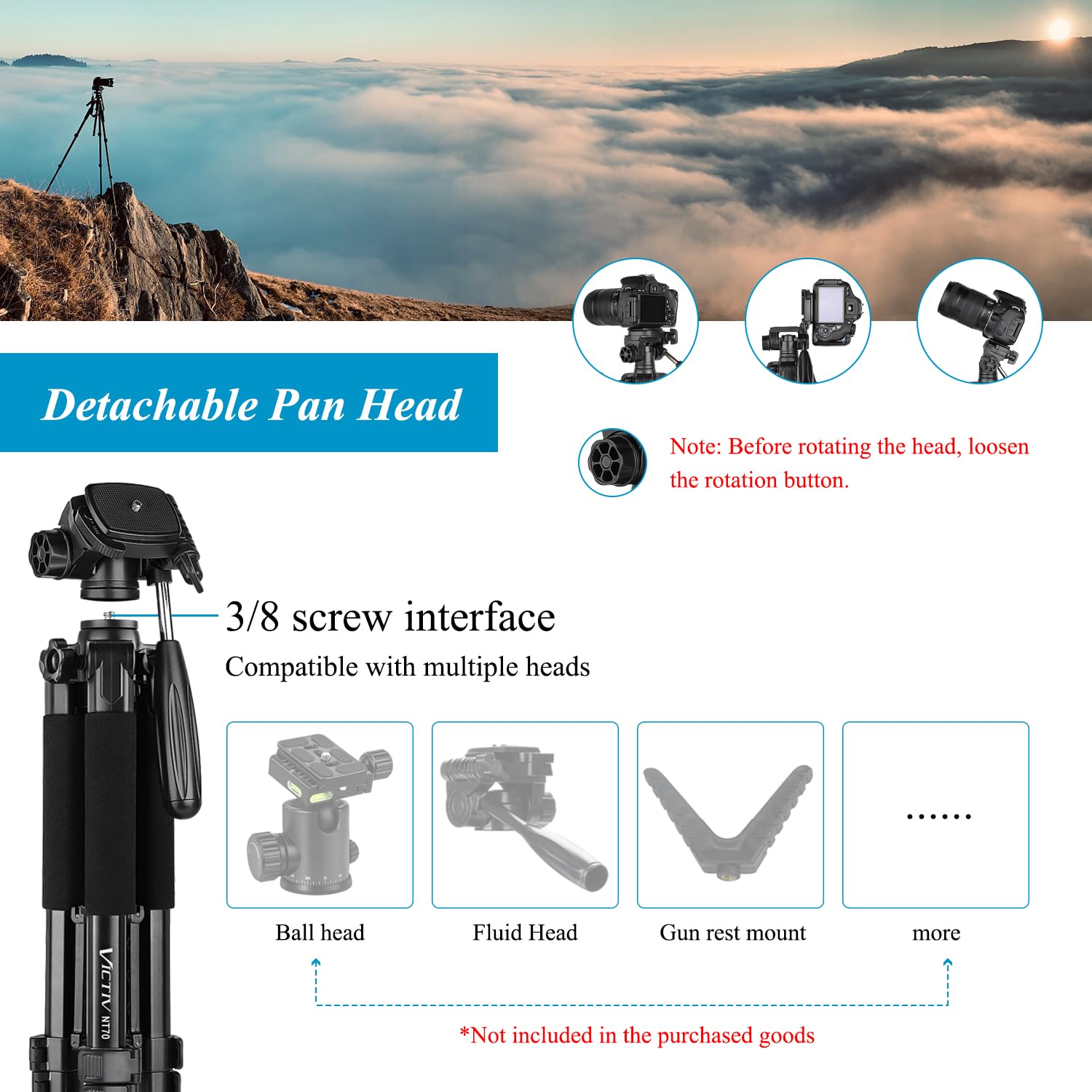 Victiv 52-185cm Lightweight Aluminum Camera Tripod with Removable 3-Way Head - DSLR Tripod for Canon Nikon Sony, Smartphone Tripod with Phone Mount - Perfect for Travel, Vlogging & Photography