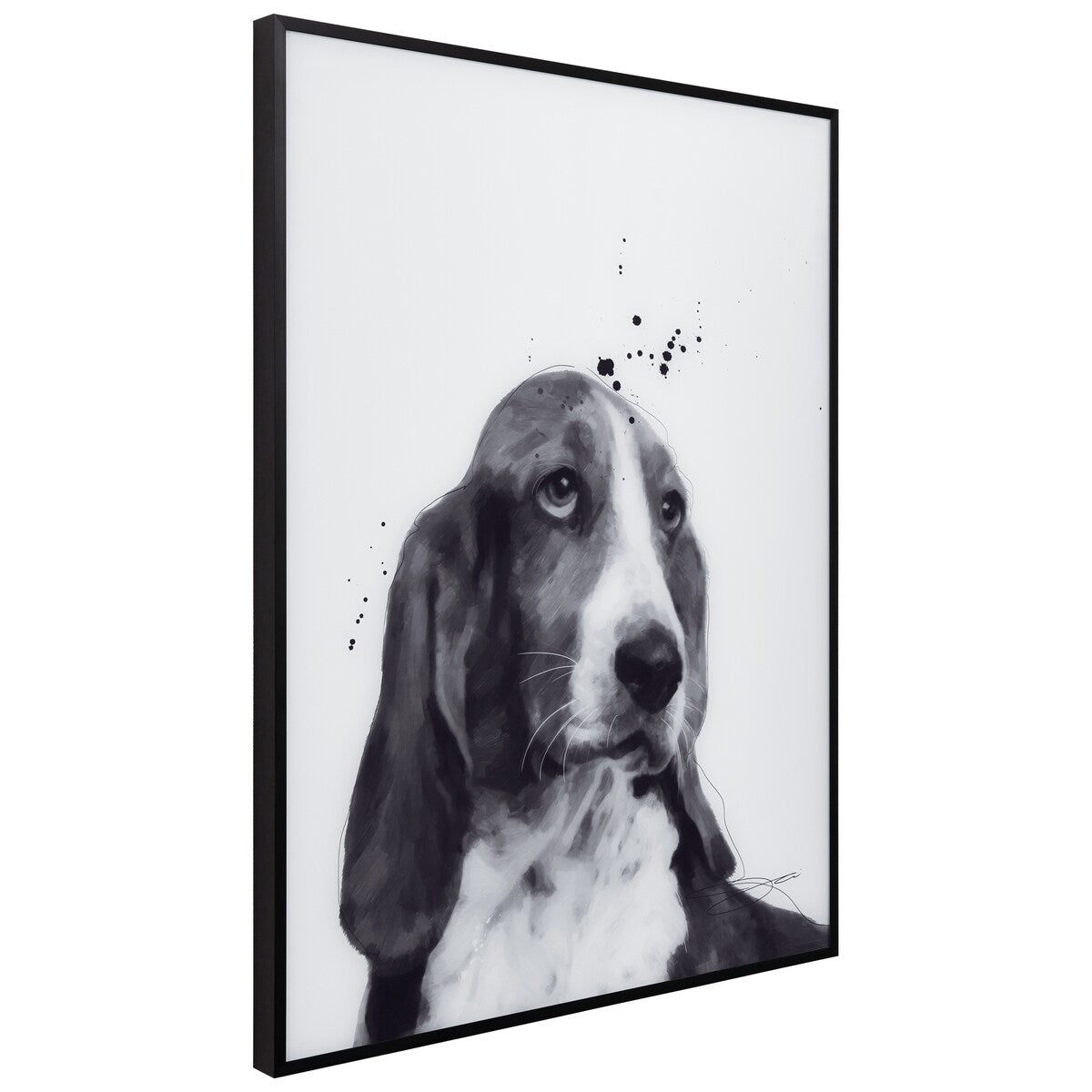 Basset Hound Black and White Dog Portrait Painting - Printed Glass Art with Black Anodized Frame - Perfect for Pet Lovers Home Decor, Living Room Wall Art & Gift Idea