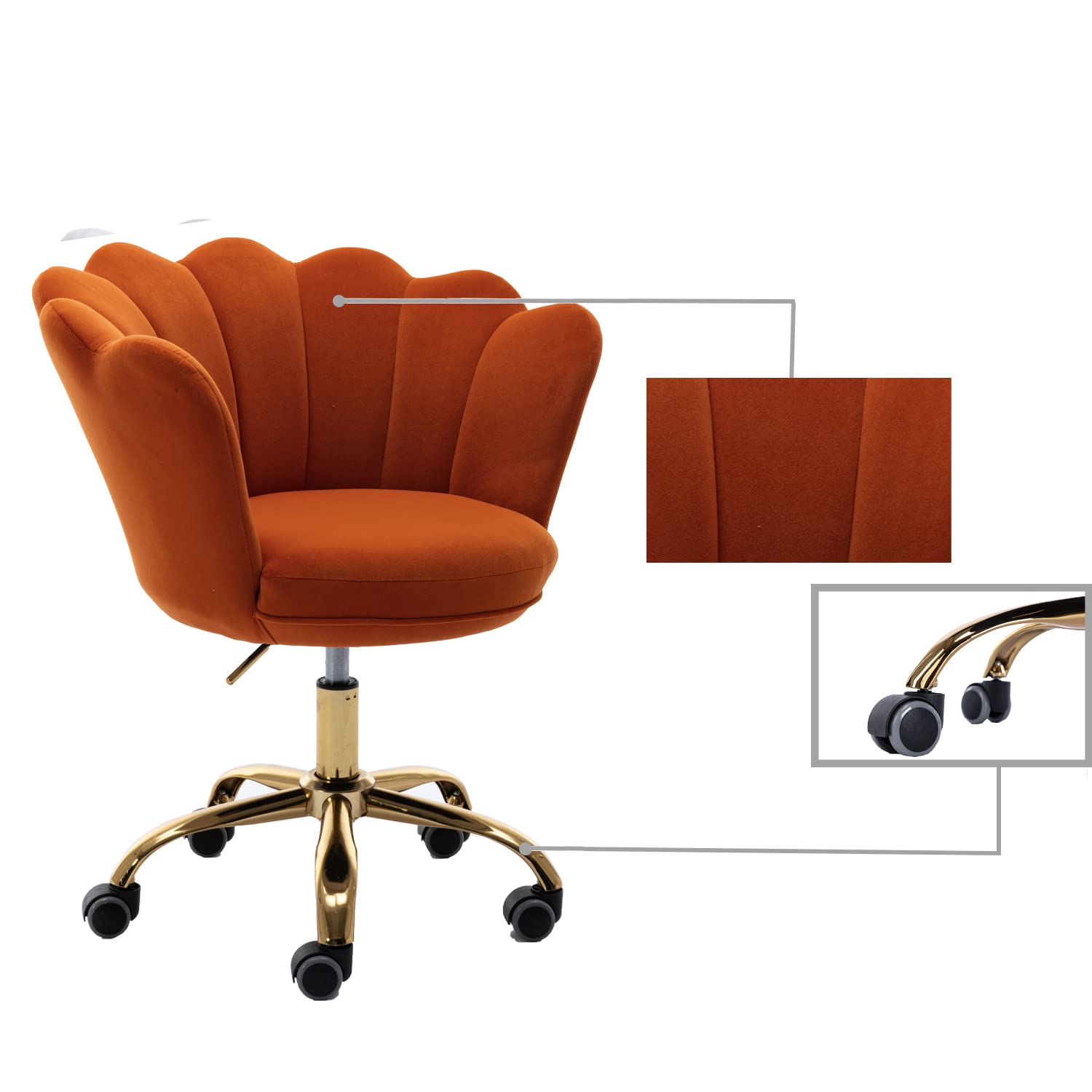 Ergonomic Modern Home Office Chair - Adjustable Swivel Desk Chair with Wheels for Work, Study & Makeup - Velvet Upholstered Task Chair for Living Room & Bedroom (Dark Orange) - Perfect for Remote Work, Gaming & Beauty Stations