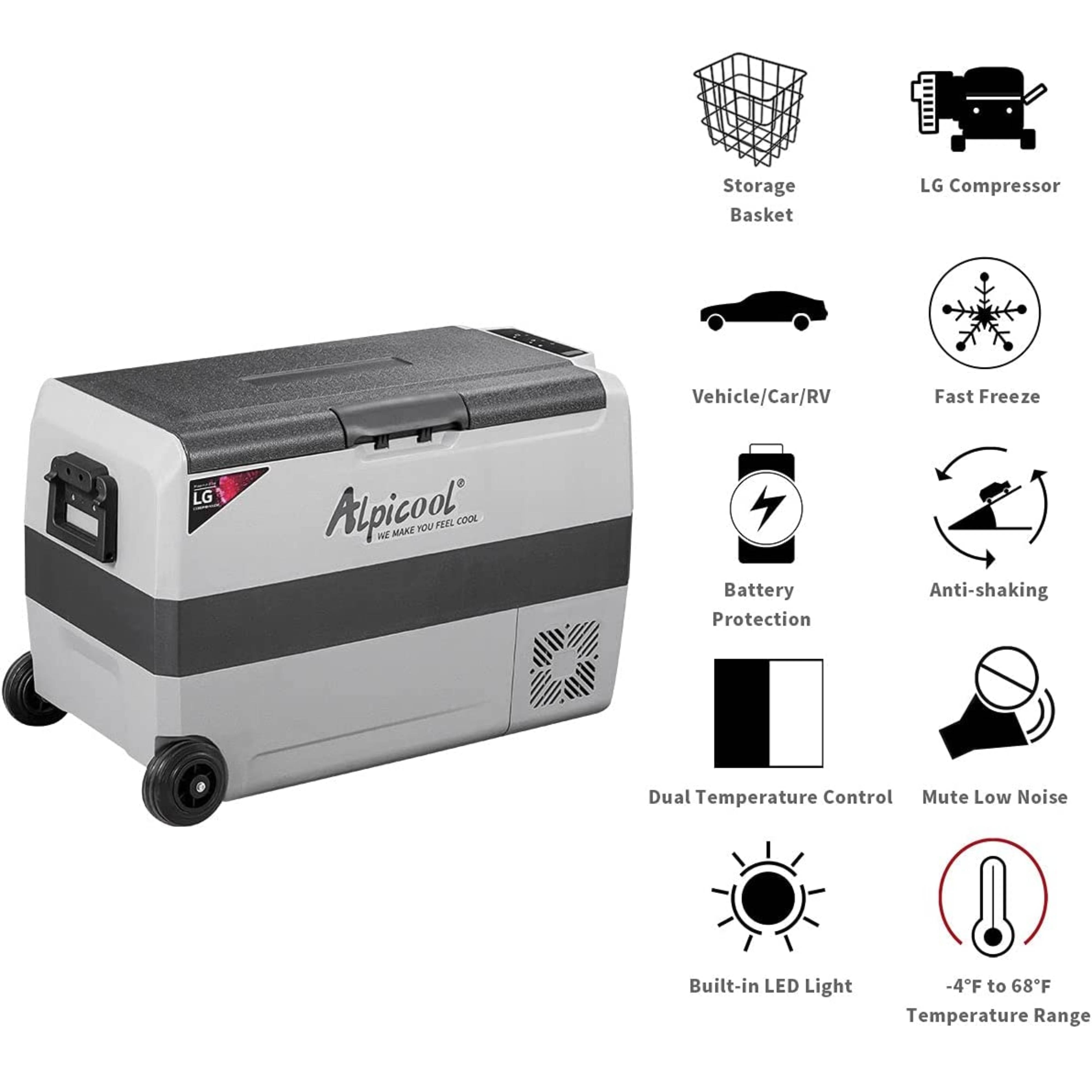 Alpicool LGT50 12V/24V Portable Car Refrigerator - 50QT Dual Zone Freezer & Fridge for Camping, Road Trips & Outdoor Adventures