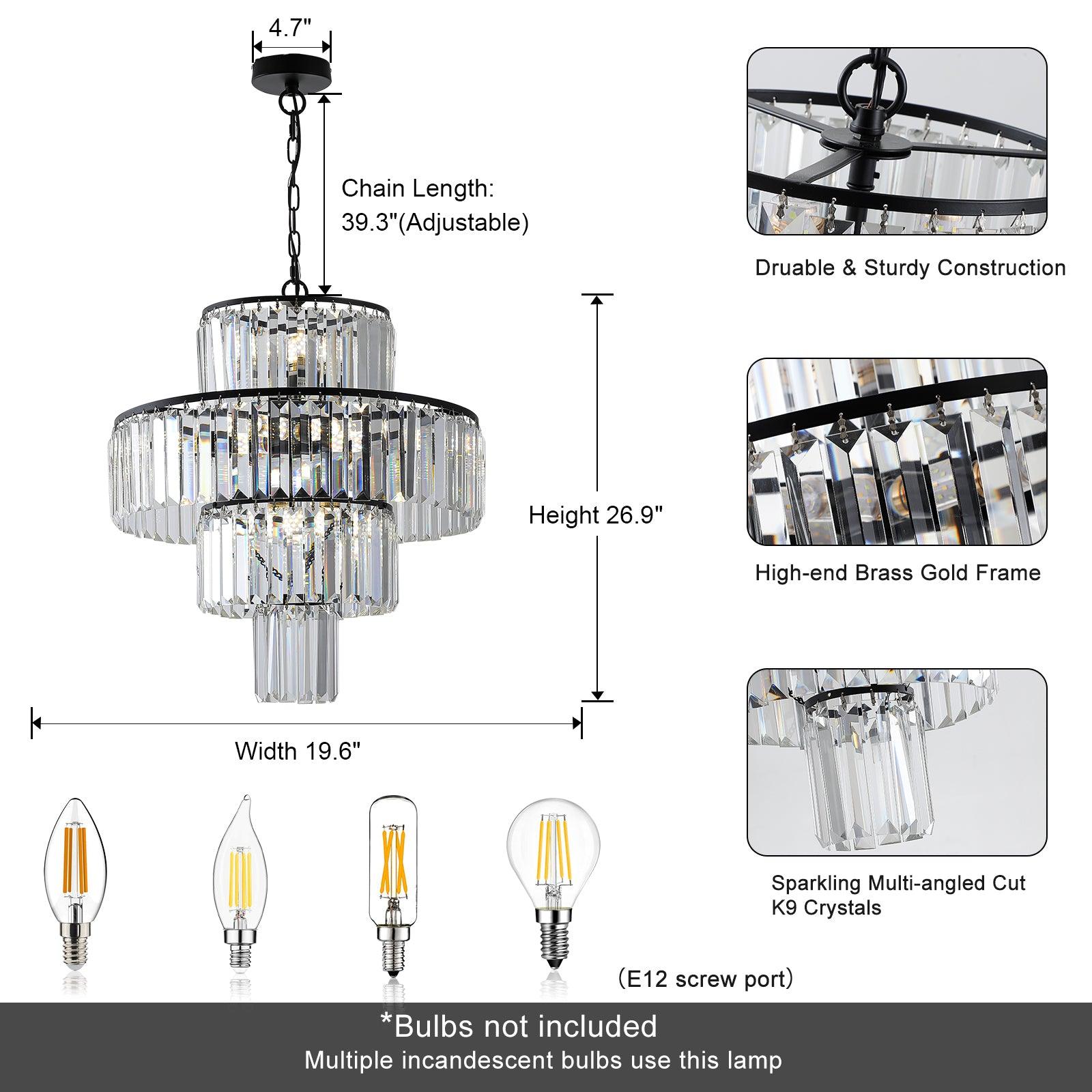 Luxury Black Crystal Chandelier - 19.7 Inch Modern Hanging Pendant Light Fixture for Dining Room, Bedroom & Living Room - Elegant Lighting for Home Decor, Weddings & Special Events