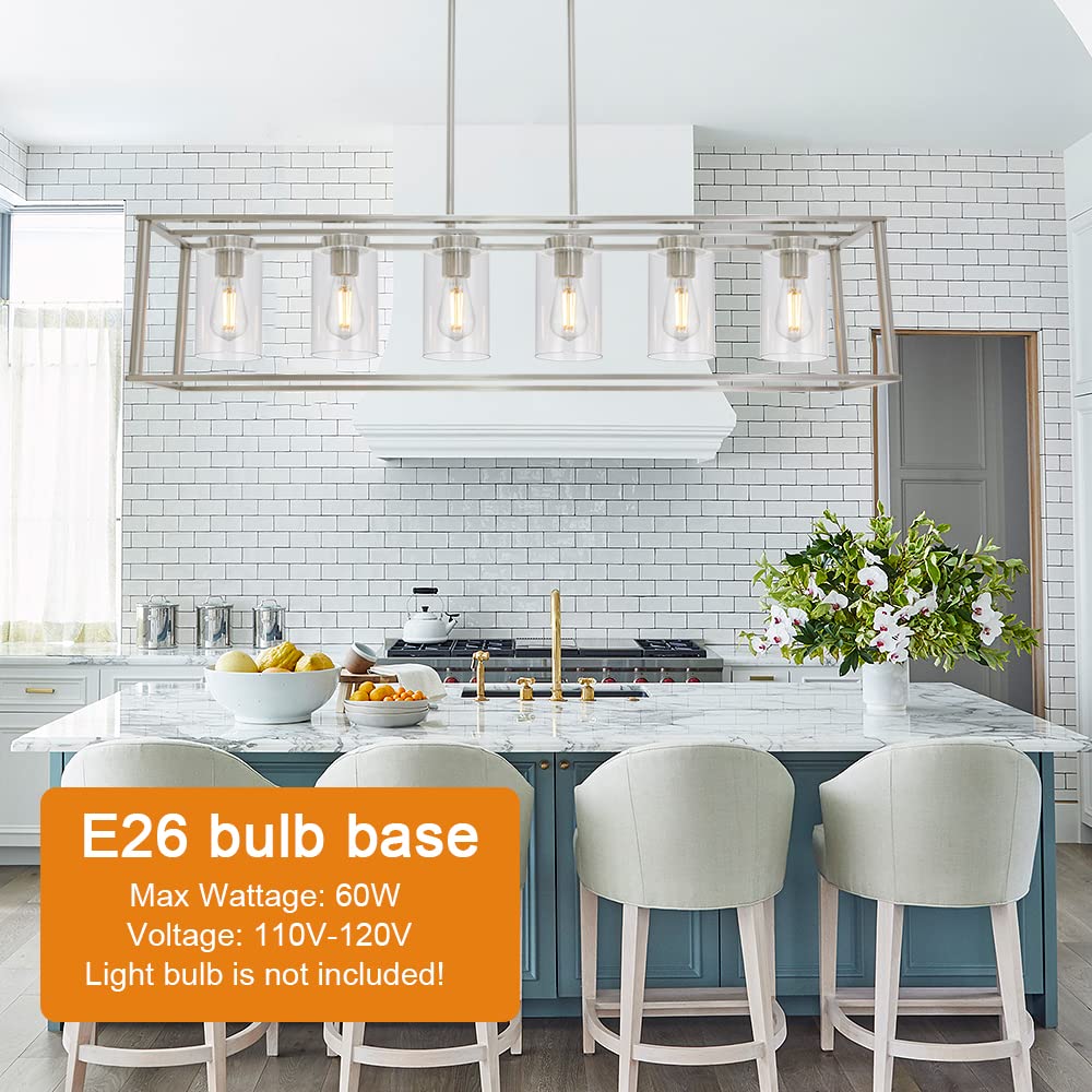 VINLUZ 6-Light Modern Chandelier Brushed Nickel Rectangular Pendant Light - Industrial Style Dining Room & Kitchen Island Lighting Fixture with Glass Shade | Perfect for Farmhouse, Restaurant and Open Concept Spaces