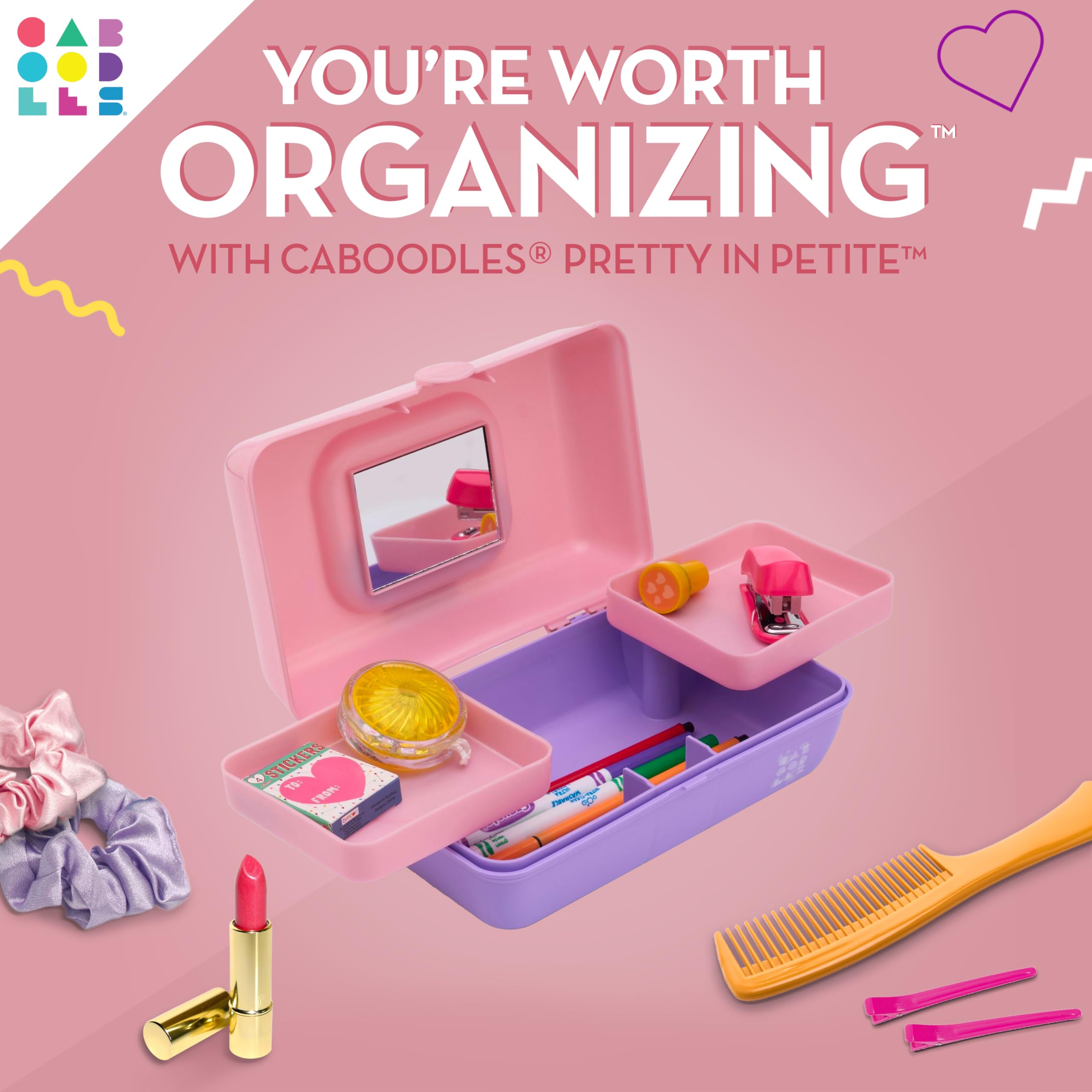 Caboodles Pretty in Petite Makeup Organizer Box - Two-Tone Pink & Lavender Hard Plastic Cosmetic Case with 2 Swivel Trays, Fashion Mirror & Secure Travel Latch | Perfect for Travel, Home Vanity & On-the-Go Makeup Storage