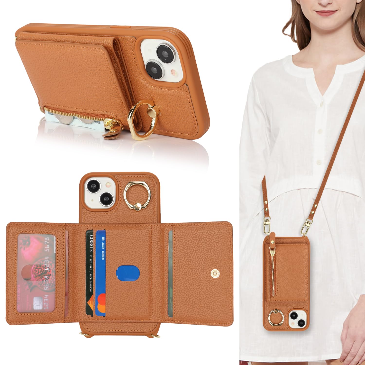 Premium PU Leather iPhone 15 Plus Case with Card Holder & Crossbody Strap - Wallet Phone Case with Zipper Pocket & Stand Ring (Brown) | Perfect for Women's Everyday Use, Travel & Hands-Free Convenience
