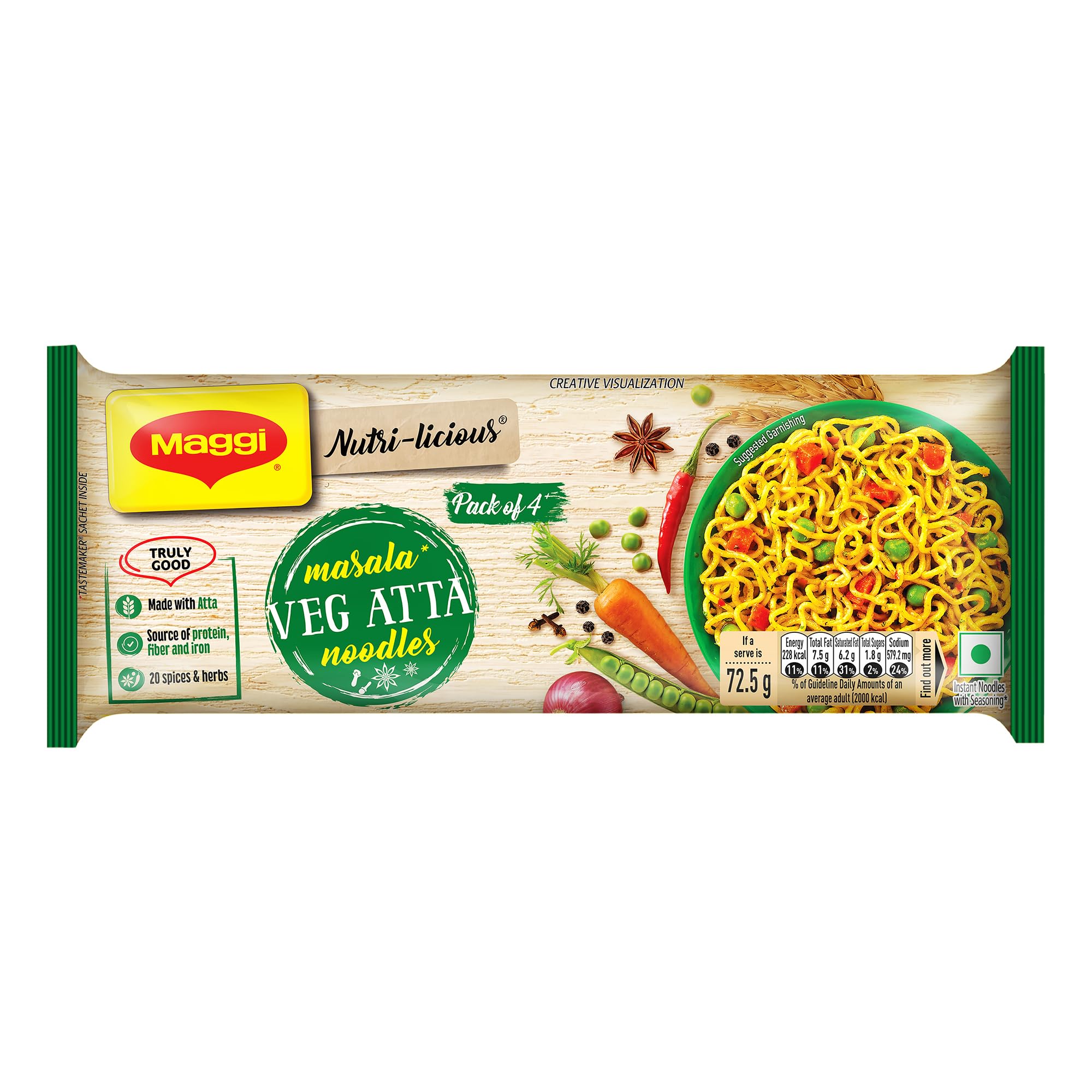 MAGGI Nutri-licious Veg Atta Masala Noodles - Instant Noodles with 20 Spices & Herbs, High in Fiber & Iron, Rich Aroma & Delicious Taste (290g) | Perfect for Quick Meals, Office Lunches & Late Night Snacks