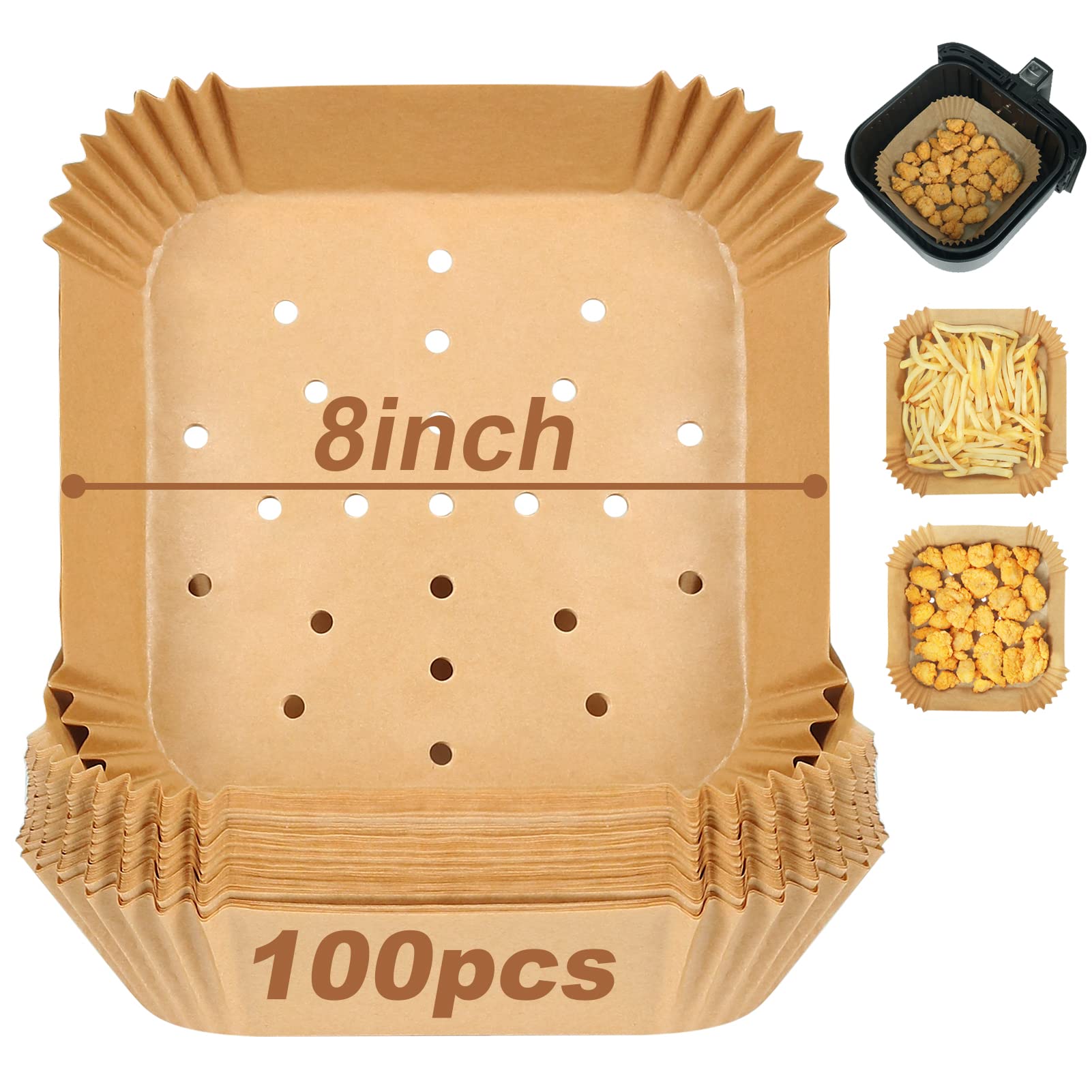 BYKITCHEN 100-Pack 8 Inch Square Air Fryer Liners for 2-5 Quart Baskets - Perforated Parchment Paper Sheets Compatible with Cosori, Instant Vortex, Dash & More - Perfect for Frying, Baking & Reheating