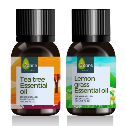 2 Pack Tea Tree & Lemongrass Essential Oil Set - 15ml Each | 100% Pure Natural Aromatherapy Oils for Skin Care, Hair Growth & Stress Relief | Perfect for Diffusers, Massage & DIY Beauty Products