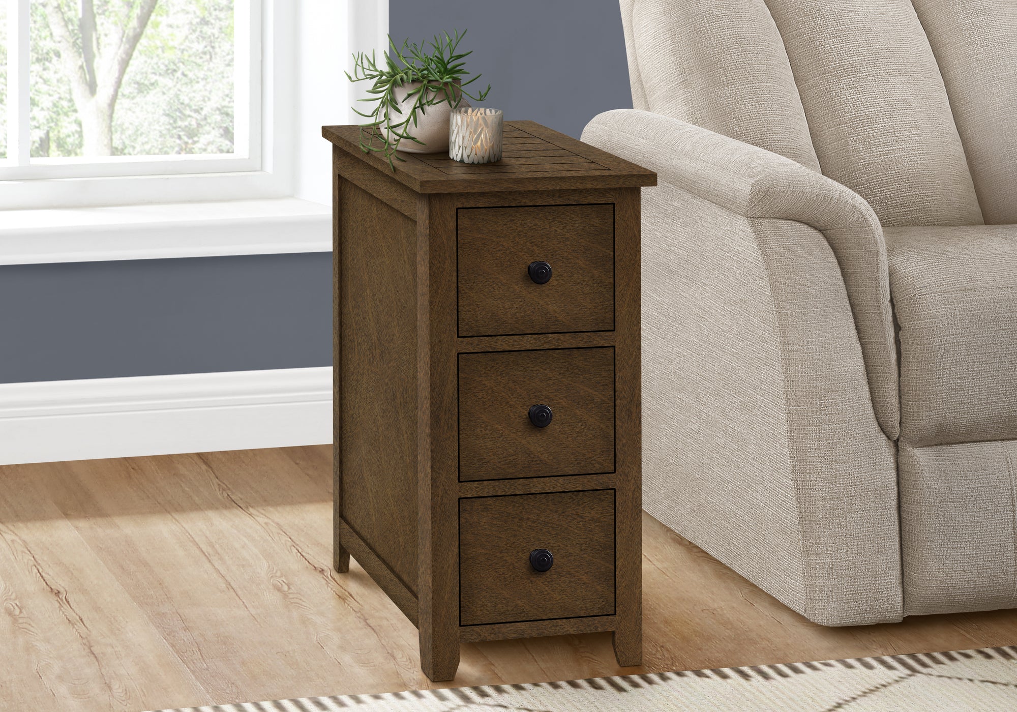 Brown Wood Veneer Accent Table with Storage Drawer - Transitional Nightstand for Bedroom, Living Room & Office - Compact Side Table with Shelf & Drawer for Small Spaces