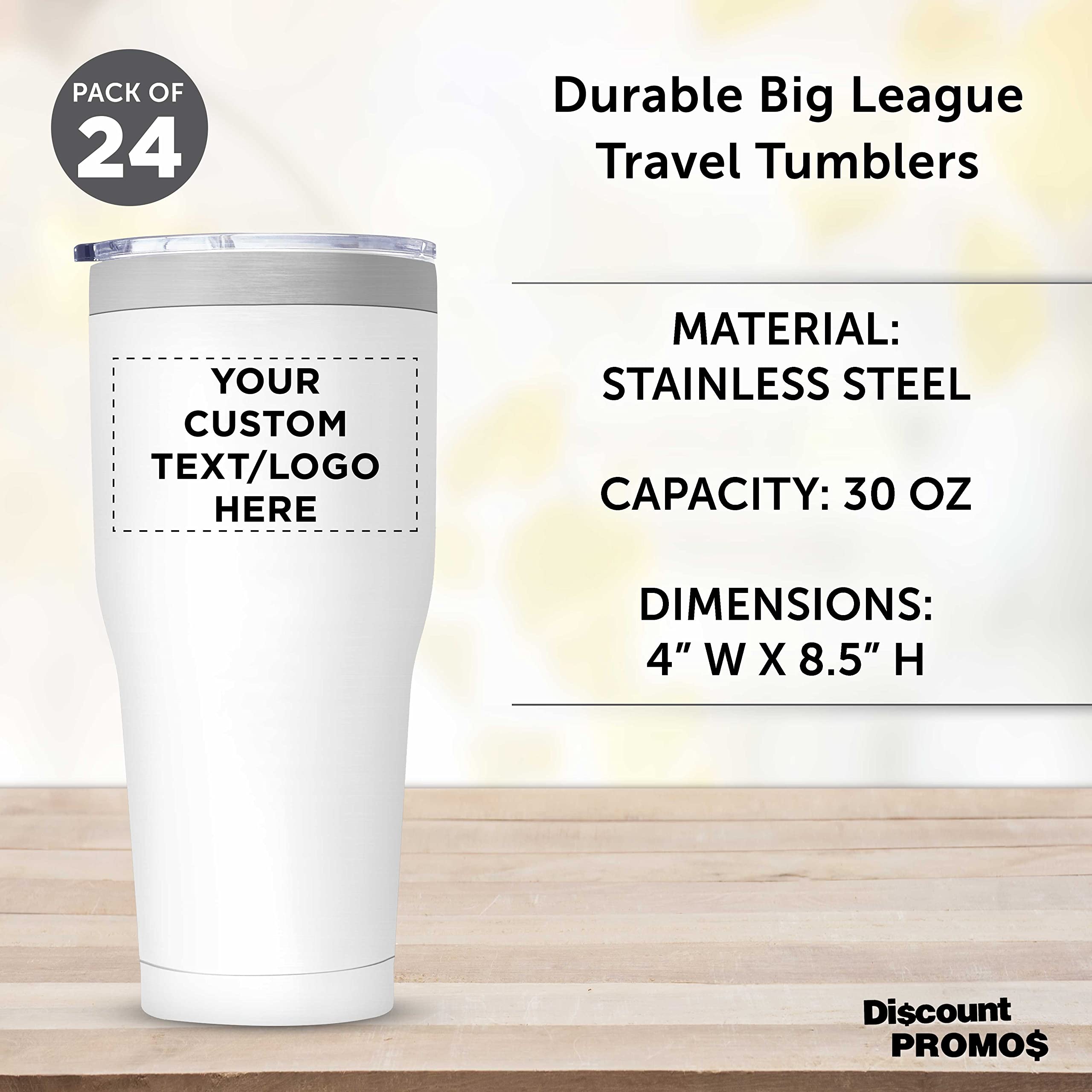 Custom 30 oz Big League Travel Tumblers - Set of 24 Insulated Stainless Steel Cups with Personalization - Double Wall Vacuum for Hot Coffee, Tea & Cold Drinks - Bulk Pack for Office, Sports Teams & Corporate Gifts - White