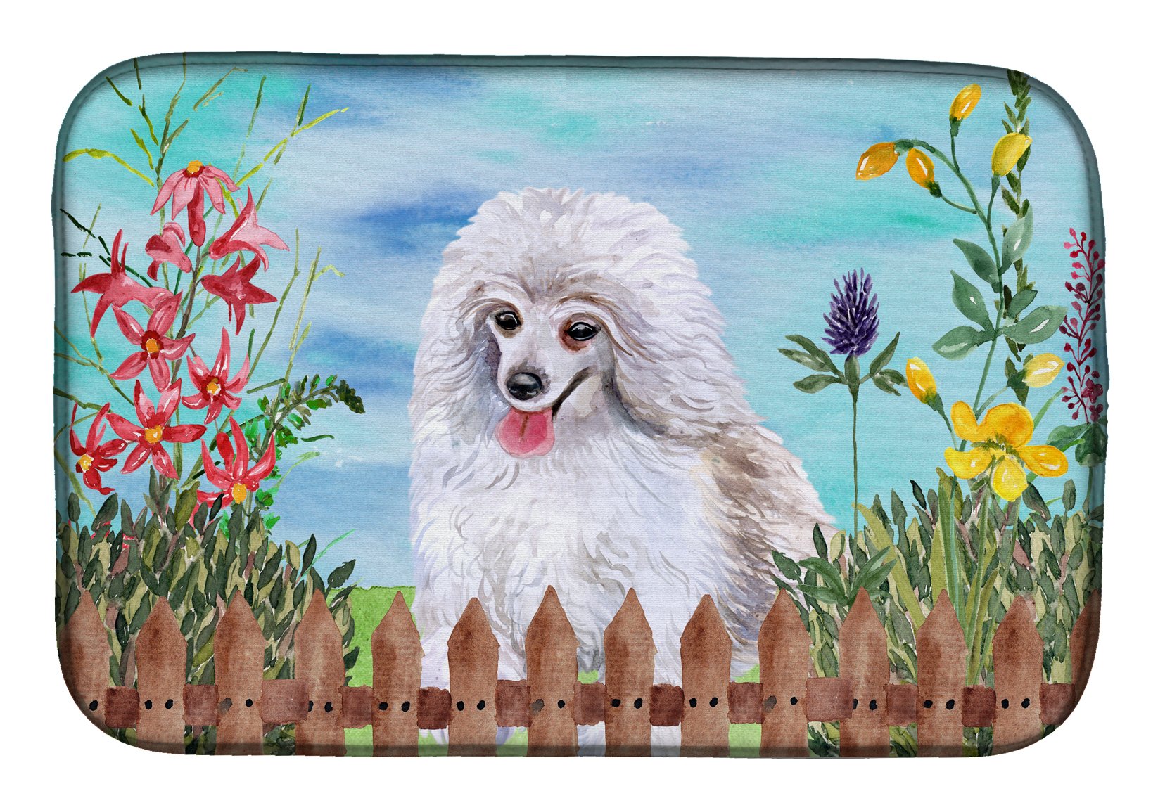White Poodle Dish Drying Mat - Absorbent Kitchen Counter Pad (14x21
