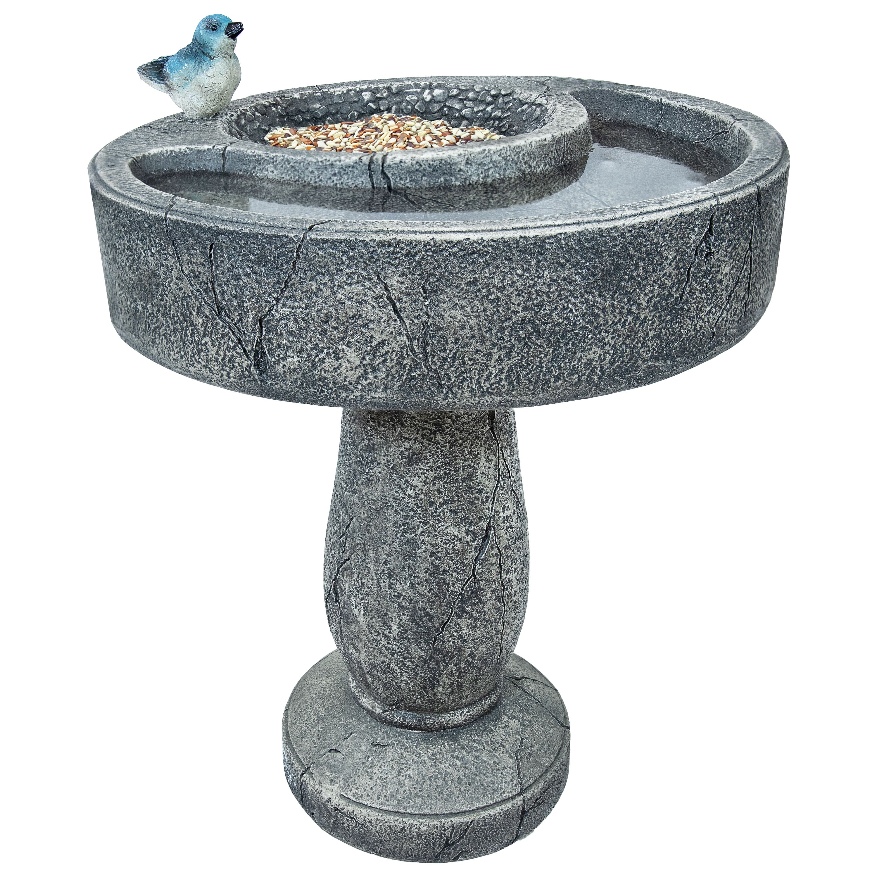 Sunnydaze Traditional Resin Bird Bath with Feeder Compartment - 27 Inch Outdoor Garden Decor for Attracting Birds & Enhancing Backyard Aesthetics
