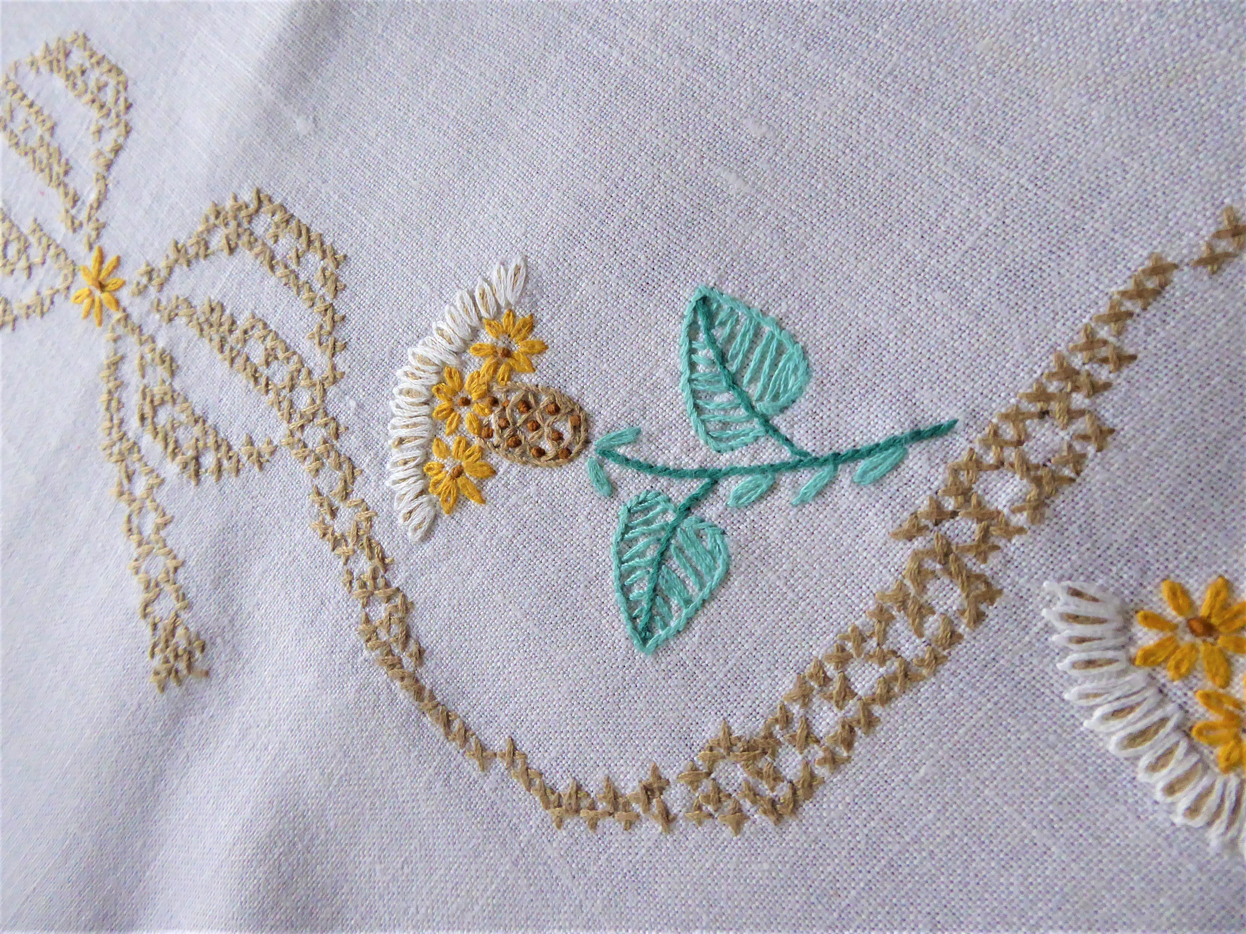 Vintage Hand Embroidered Tablecloth - 1930s Style Floral Tea Cloth with Thistle Design - Elegant Bridge Table Cover for Dining Room, Afternoon Tea & Special Occasions