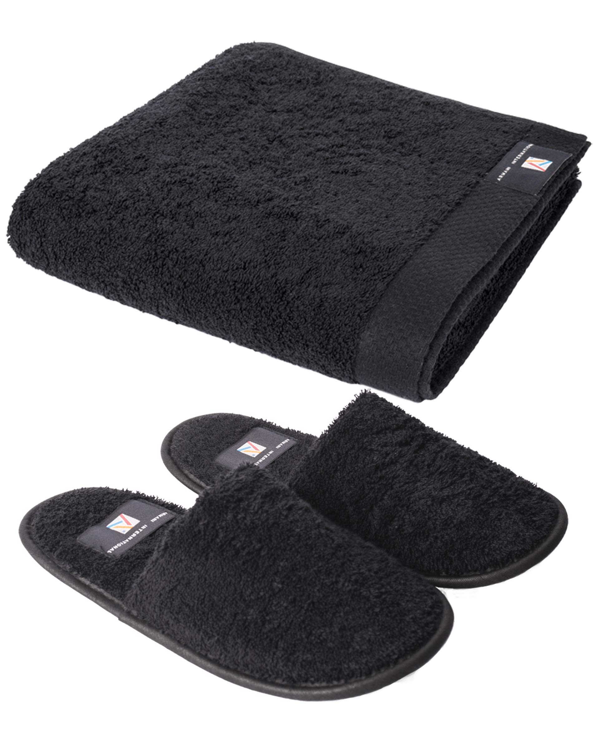 Premium Black-Silver Embroidered Bathrobe Set with Matching Slippers & Hand Towel | Medium Size | Spa & Home Relaxation Gift Set