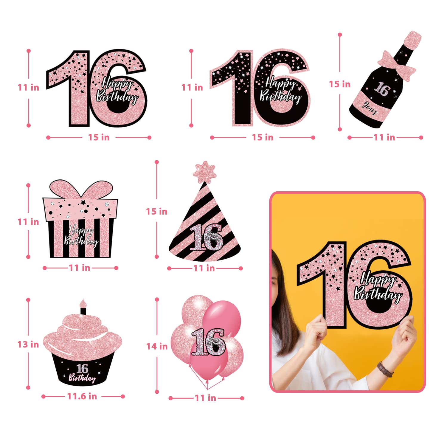 Sweet 16 Birthday Party Decorations - 7 Pcs Black & Pink Yard Signs with Stakes & 2 Pcs LED Lights | Sparkling Night Display | Weatherproof Outdoor Lawn Decor for Teen Girls Birthday, Graduation, Backyard Celebration