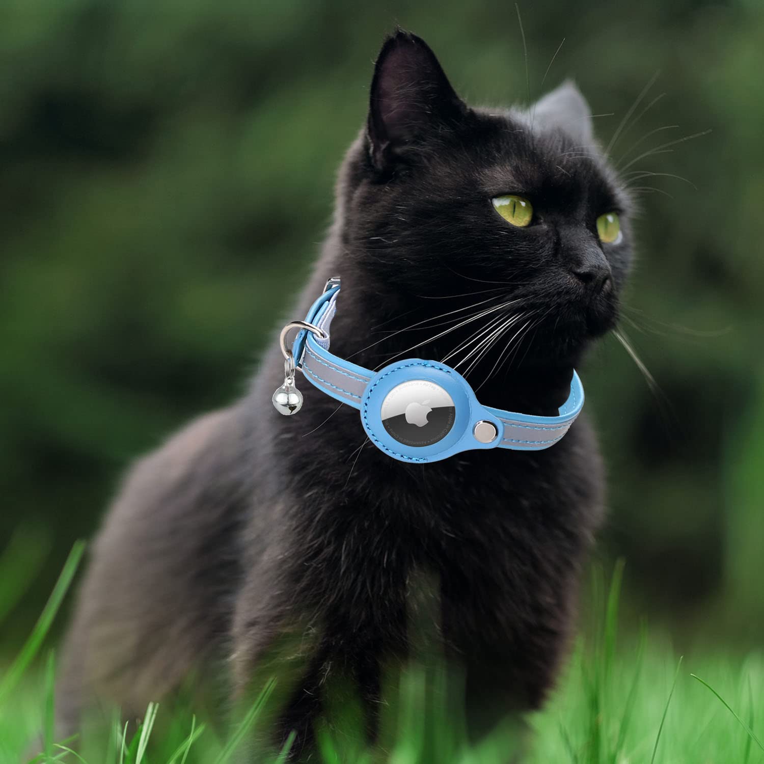 GPS Cat Collar with Bell & Reflective Strip - Leather Pet Tracker Collar for Cats (Blue, XS 7.5-10.2