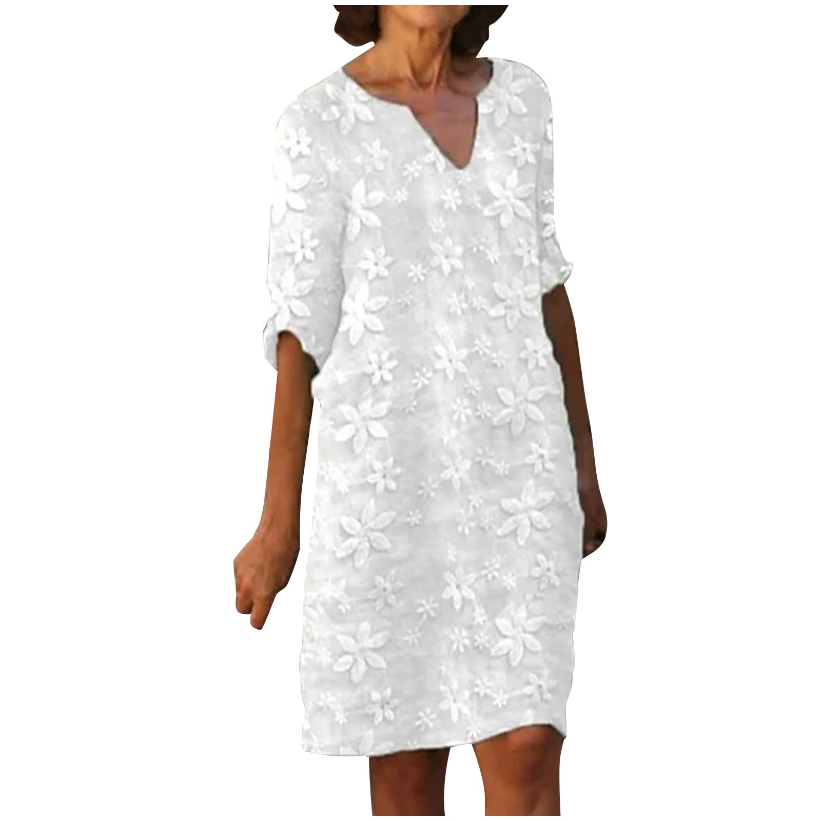 FlekmanArt Women's Cotton Linen Summer Dress 2023 - Short Sleeve Hollow Out Flowy Maxi Dress with O-Neck | Perfect for Beach Vacation, Garden Party & Casual Outings