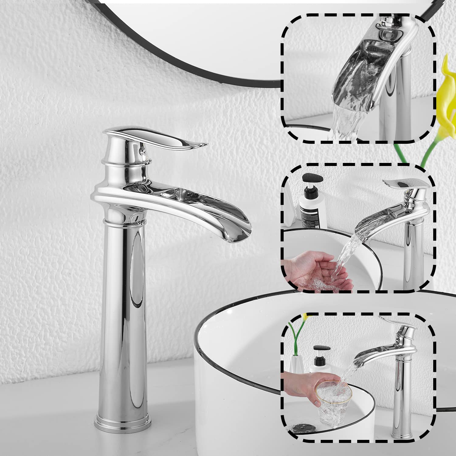 GGStudy Chrome Waterfall Single Handle Bathroom Faucet - One Hole Vessel Sink Faucet with Pop Up Drain for Farmhouse Style Bathroom | Perfect for Modern & Rustic Bathroom Decor