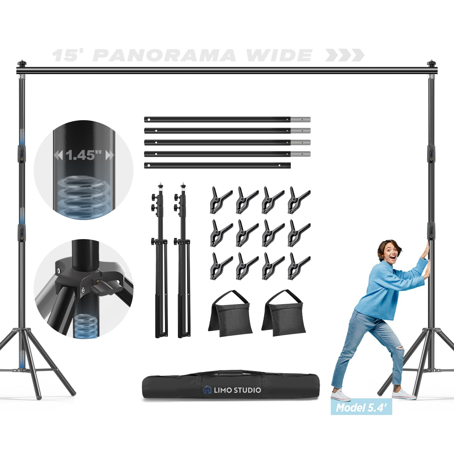 LimoStudio Heavy Duty 15x10.4ft Photography Backdrop Stand - Upgraded Panorama Wide Backdrop Support with Thicker Poles & Shock-Proof Spring Tripod for Studio, Outdoor Events, Wedding & Portrait Photography (AGG3316)