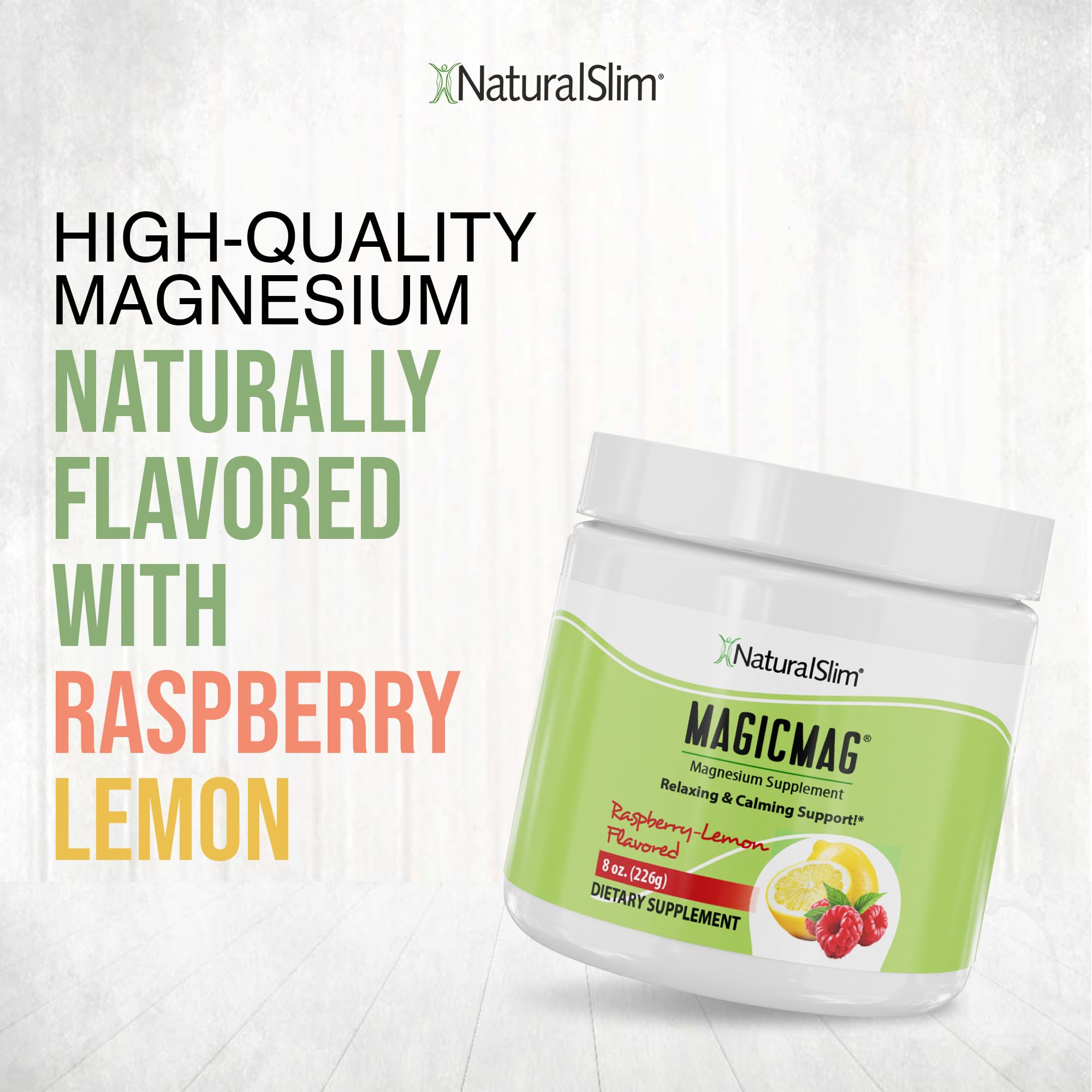NaturalSlim MagicMag Pure Magnesium Citrate Powder Supplement - Stress Relief, Constipation Support, Muscle & Heart Health, Sleep Aid | Raspberry Lemon Flavor Drink Mix (8oz) for Active Lifestyles & Wellness Routines