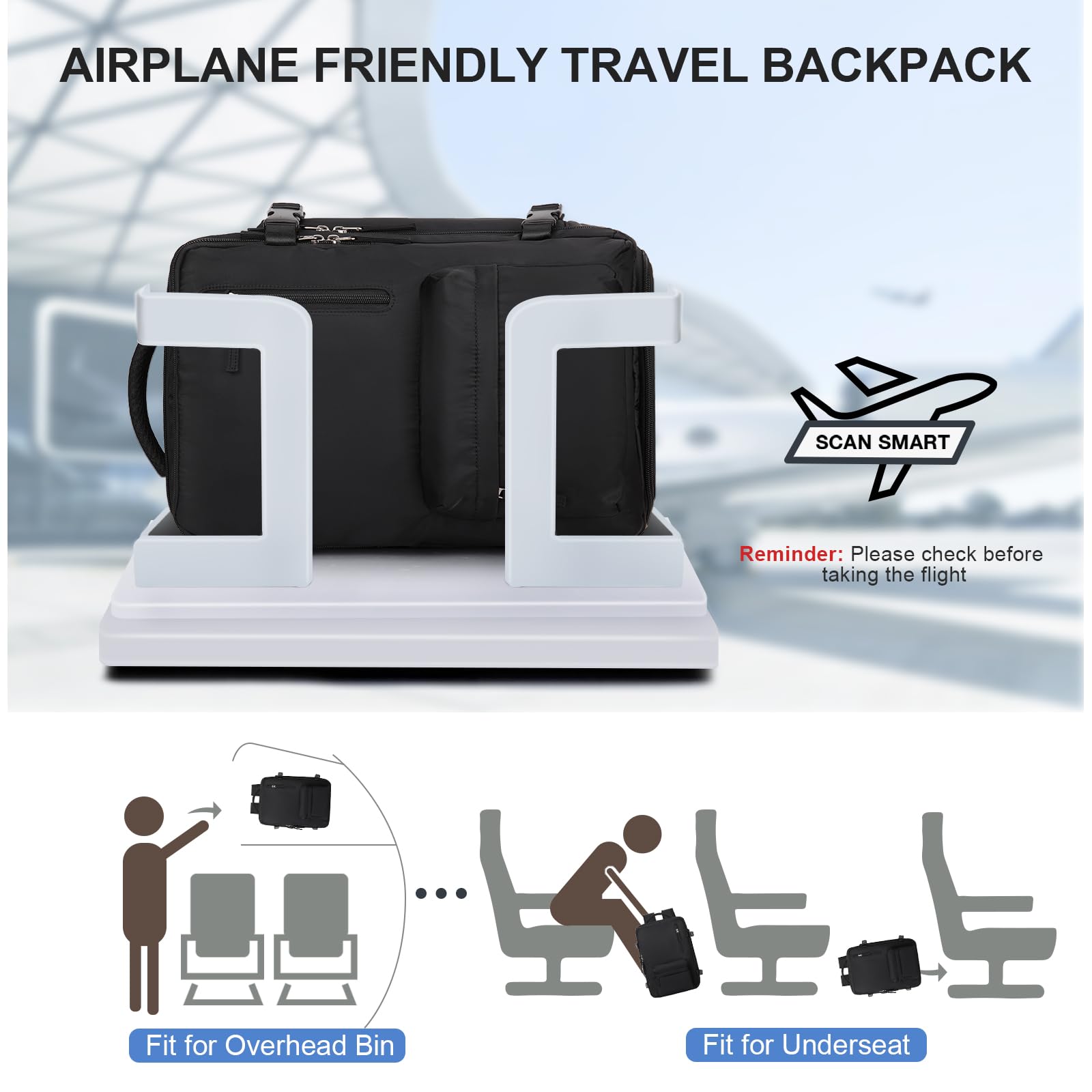 TSA Approved Underseat Carry On Backpack for Women - 14 Inch Laptop Travel Backpack, Cabin Bag Airplane Personal Item, Business Casual Work & Weekend Getaway - Compact Black Hand Luggage for Flights