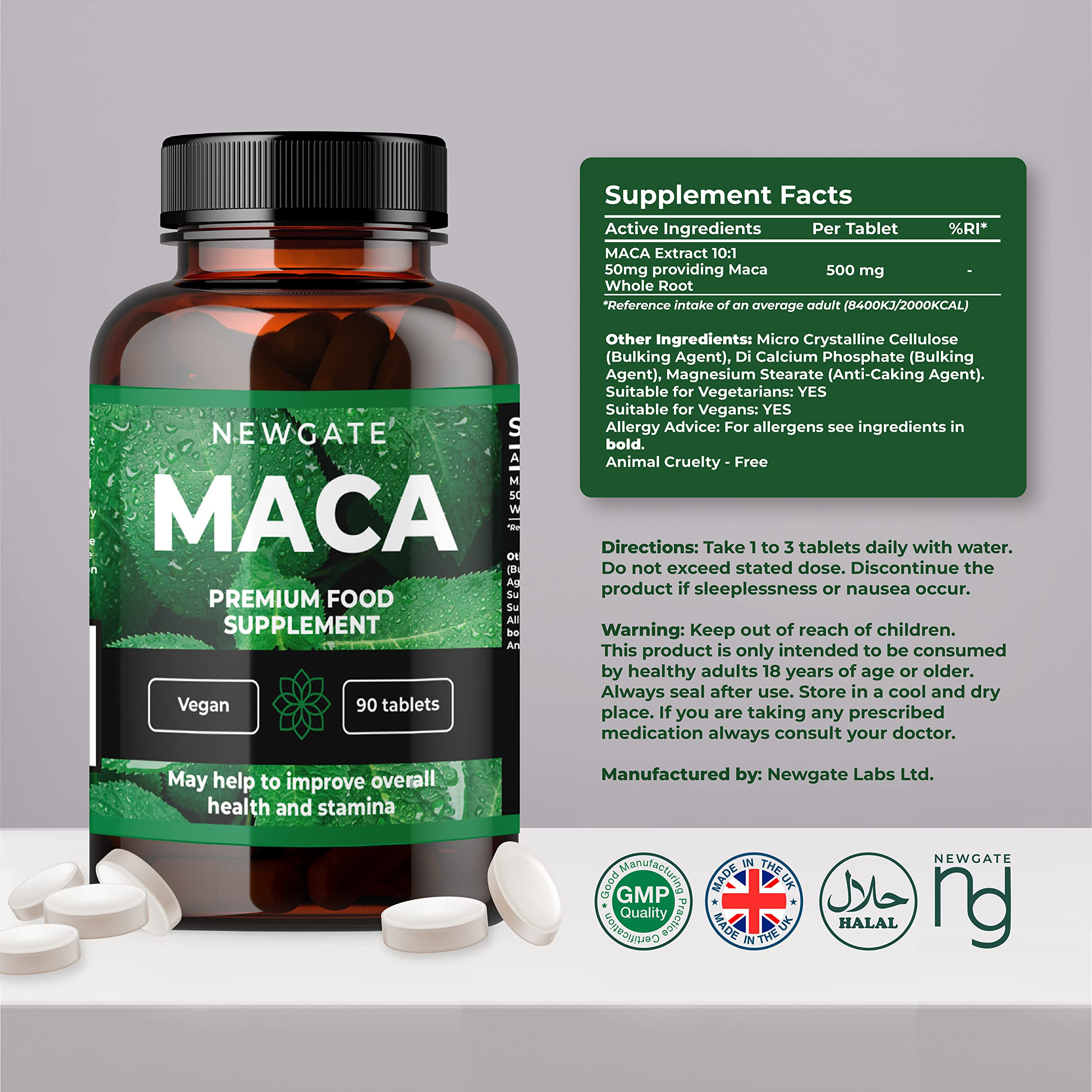 Newgate Labs Maca 90 High Strength Vegan Tablets 50mg | Organic Maca Root 500mg Supplement for Skin Health & Energy Boost | Premium UK-Made Vegan, Halal, GMO-Free Nutritional Support | Ideal for Busy Professionals & Active Lifestyles