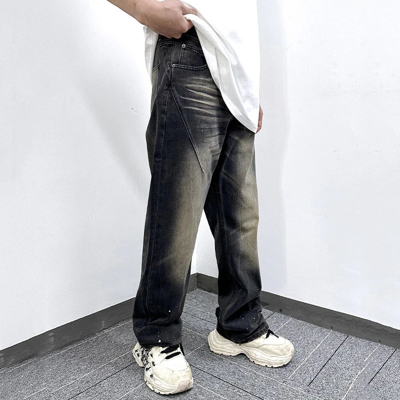 Trendy American Style Men's Jeans - Splashed Ink Design Straight Leg Streetwear | Loose Fit Denim Pants for Casual Outfits & Urban Fashion | Perfect for Everyday Wear, Parties, and Street Style Looks