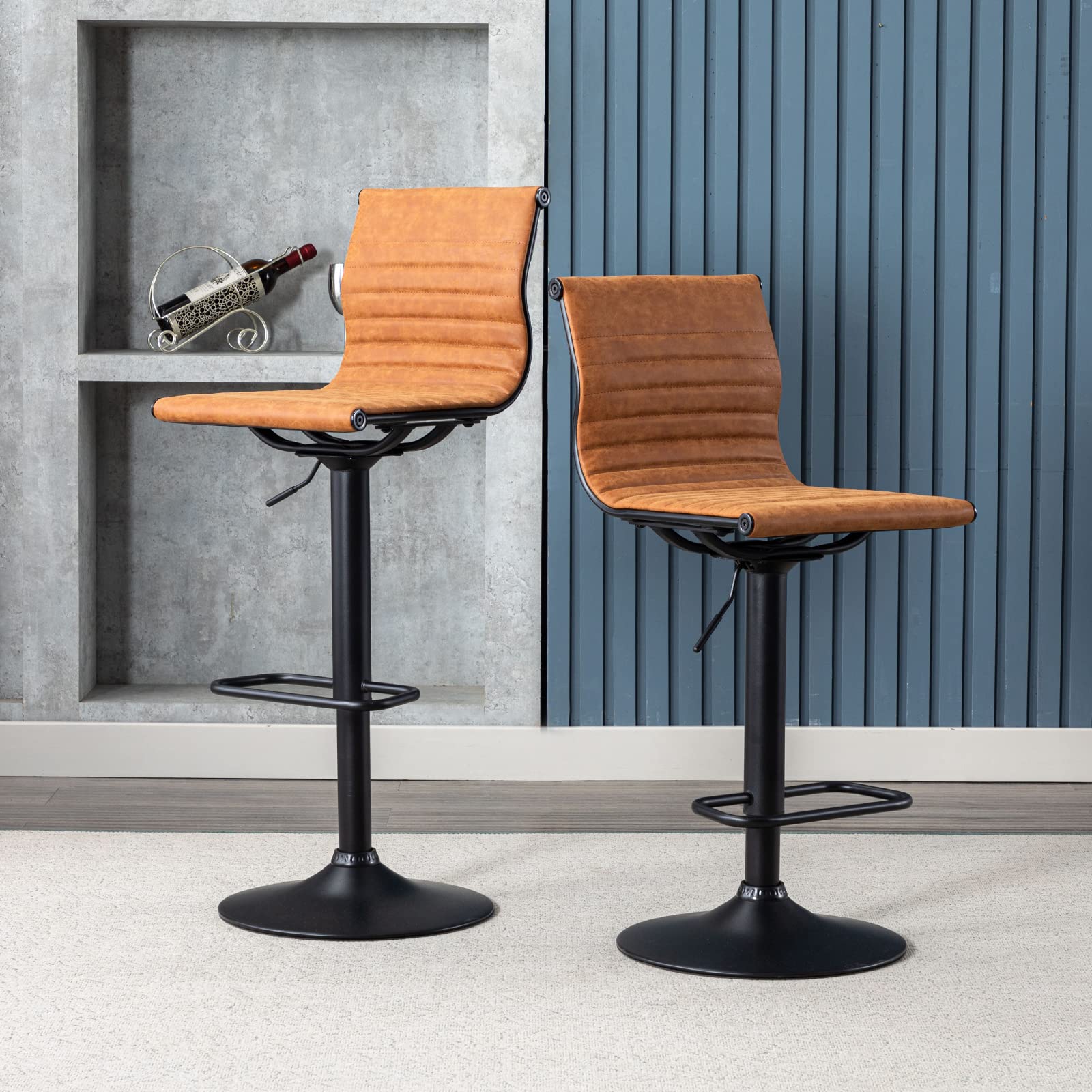 Modern Adjustable Height Metal Bar Stools Set of 2 - Brown PU Leather Armless Counter Stools with Black Base for Kitchen Island, Bar & Dining Room | Perfect for Breakfast Nook, Home Bar & Entertainment Areas