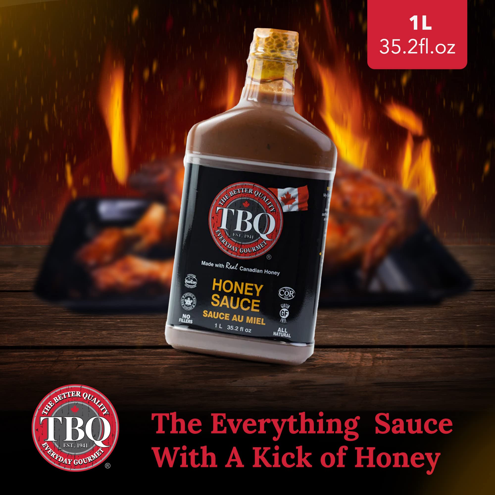 TBQ – Honey Barbecue Sauce | Vegan Honey Hot BBQ Sauce | Kosher & MSG-Free Marinade for Salmon, Ribs, Vegetables | Made with Real Canadian Honey | 1L (35.2 fl oz) | Perfect for Grilling, Roasting & Dipping
